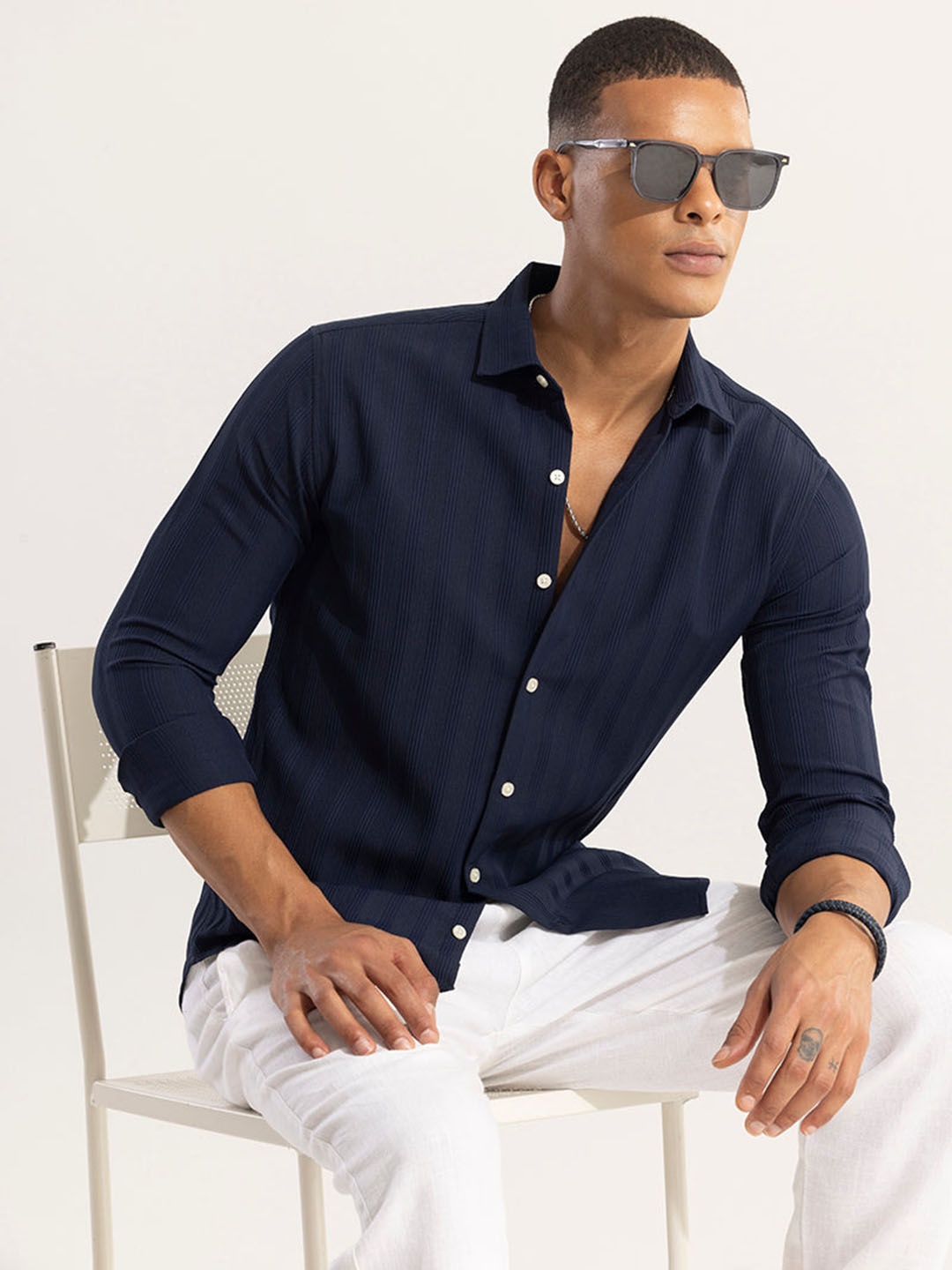 

Snitch Navy Blue Classic Slim Fit Striped Textured Casual Shirt
