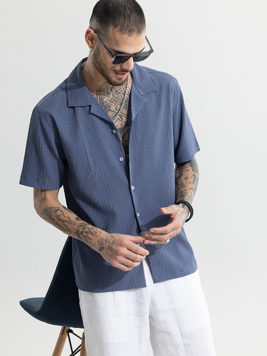 

Snitch Blue Textured Classic Boxy Opaque Casual Shirt