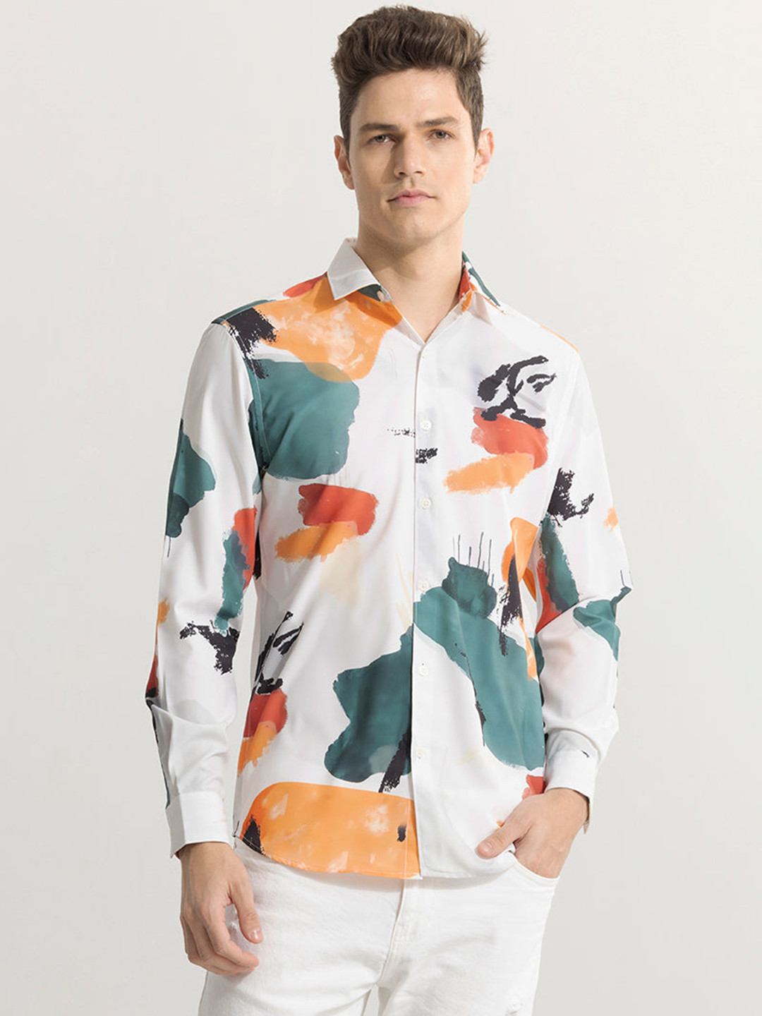 

Snitch Printed Classic Slim Fit Casual Shirt, White