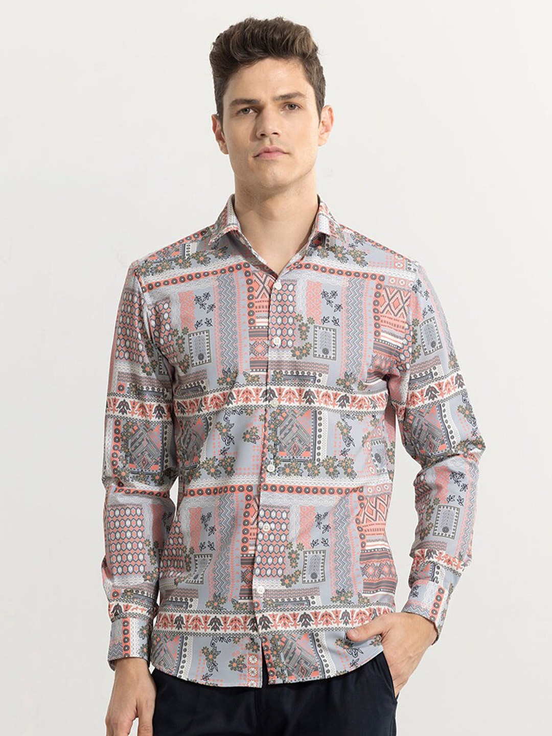 

Snitch Grey Classic Slim Fit Printed Casual Shirt