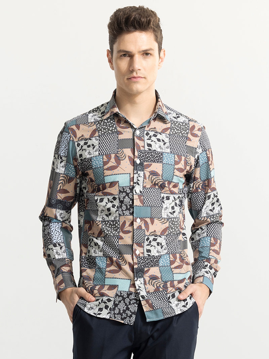 

Snitch Beige Classic Slim Fit Printed Casual Shirt