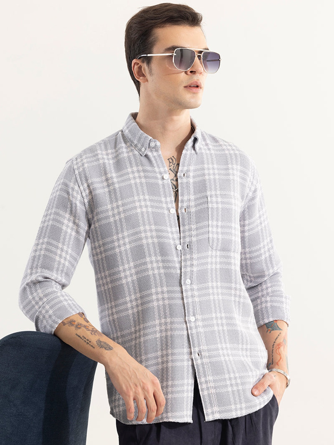 

Snitch Grey & White Checked Classic Slim Fit Casual Cotton Shirt