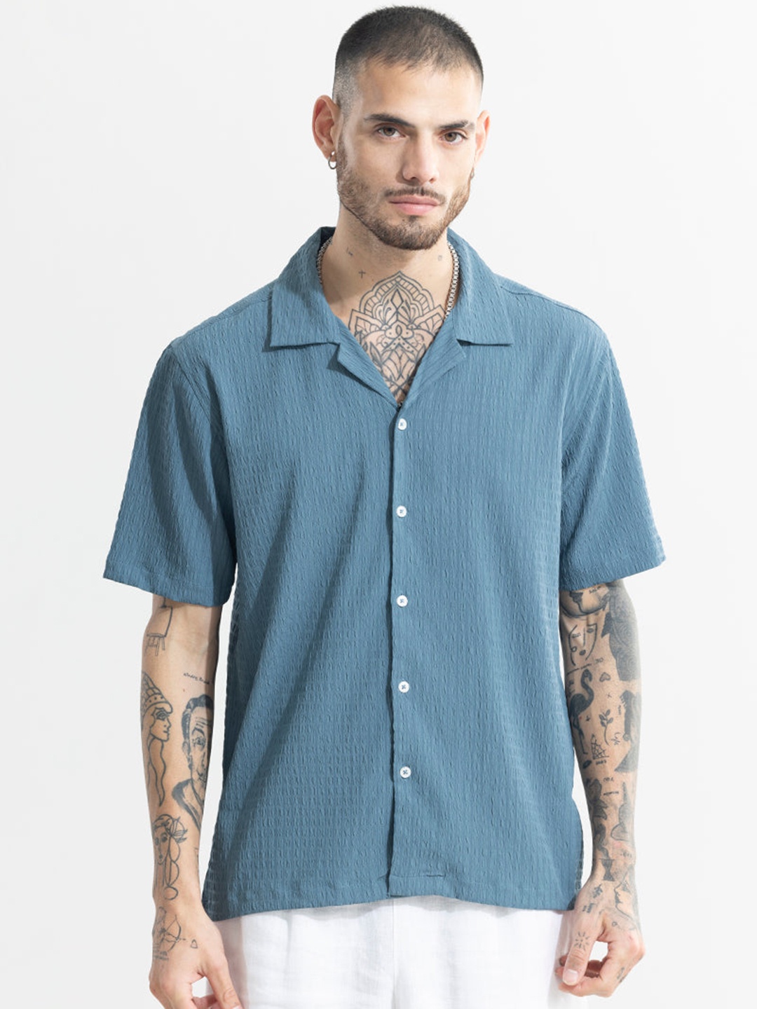 

Snitch Blue Classic Boxy Textured Club Collar Casual Shirt