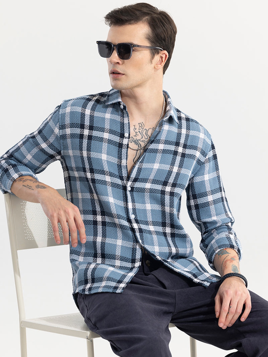 

Snitch Blue Classic Slim Fit Opaque Cotton Checked Casual Shirt