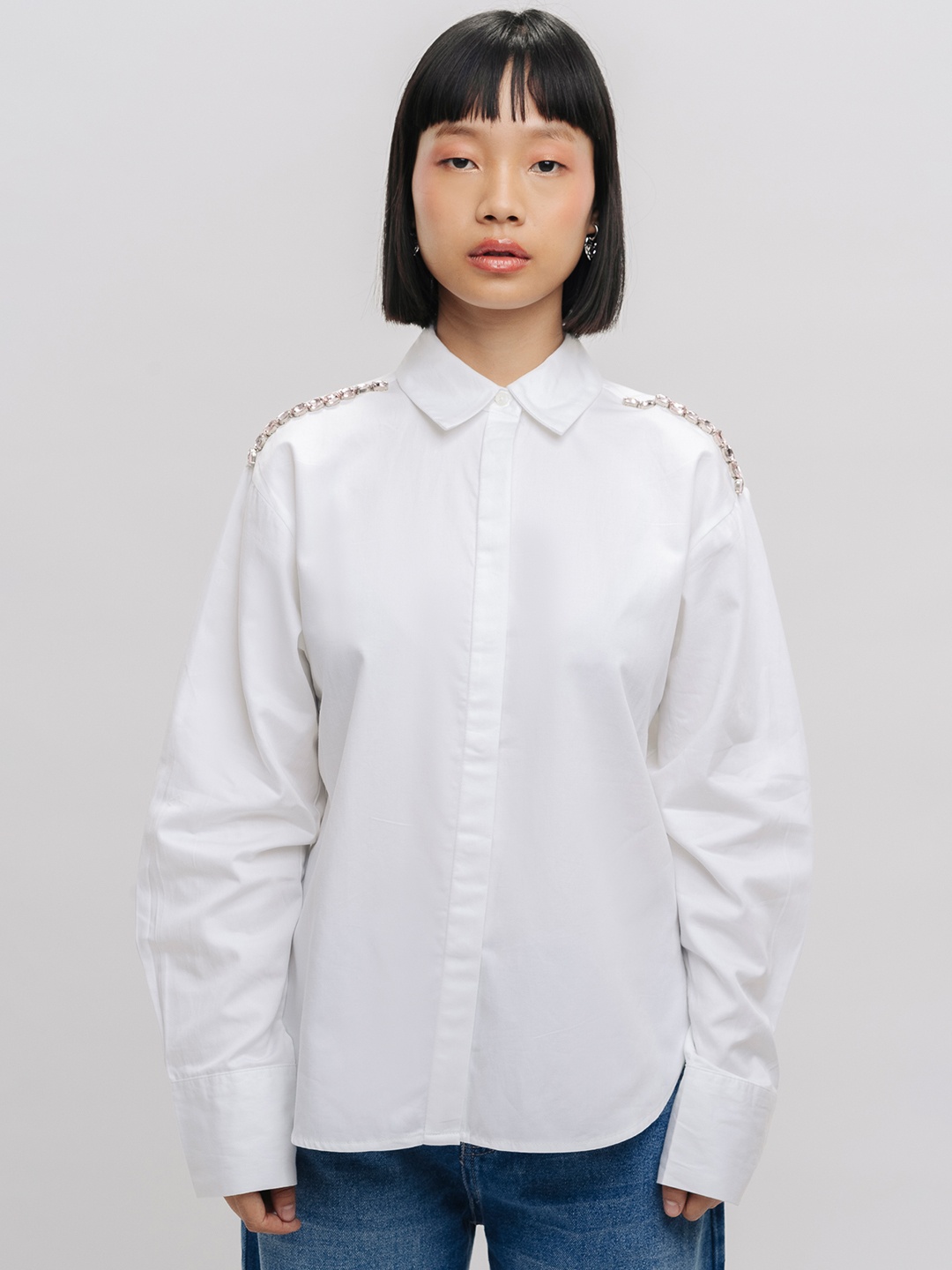 

FREAKINS Cotton Mandarin Collar Curved Regular Fit Casual Shirt, White