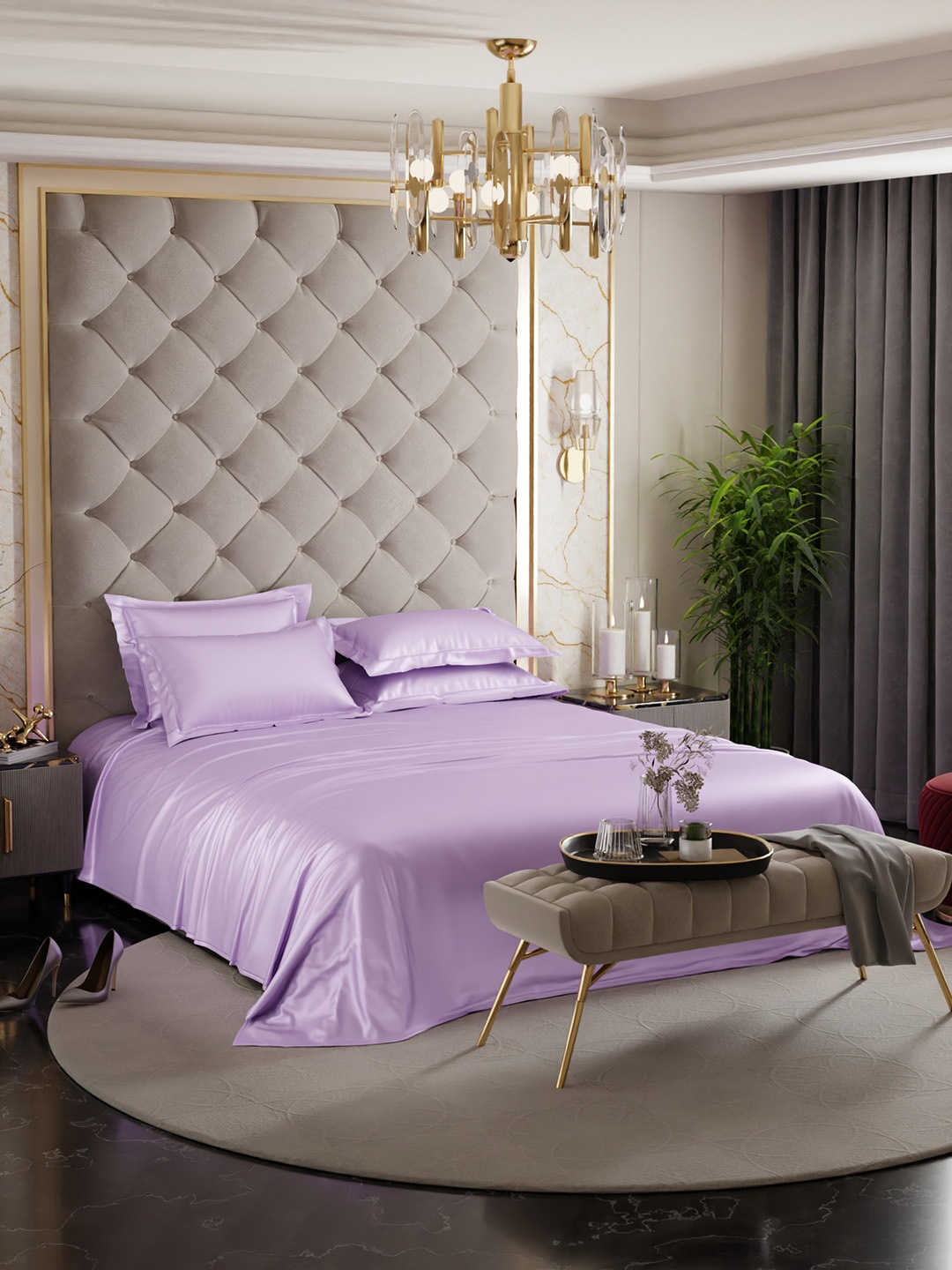 

Stoa Paris Date Night 300 TC Flat King Satin Bedsheet with 4 Pillow Covers, Lavender