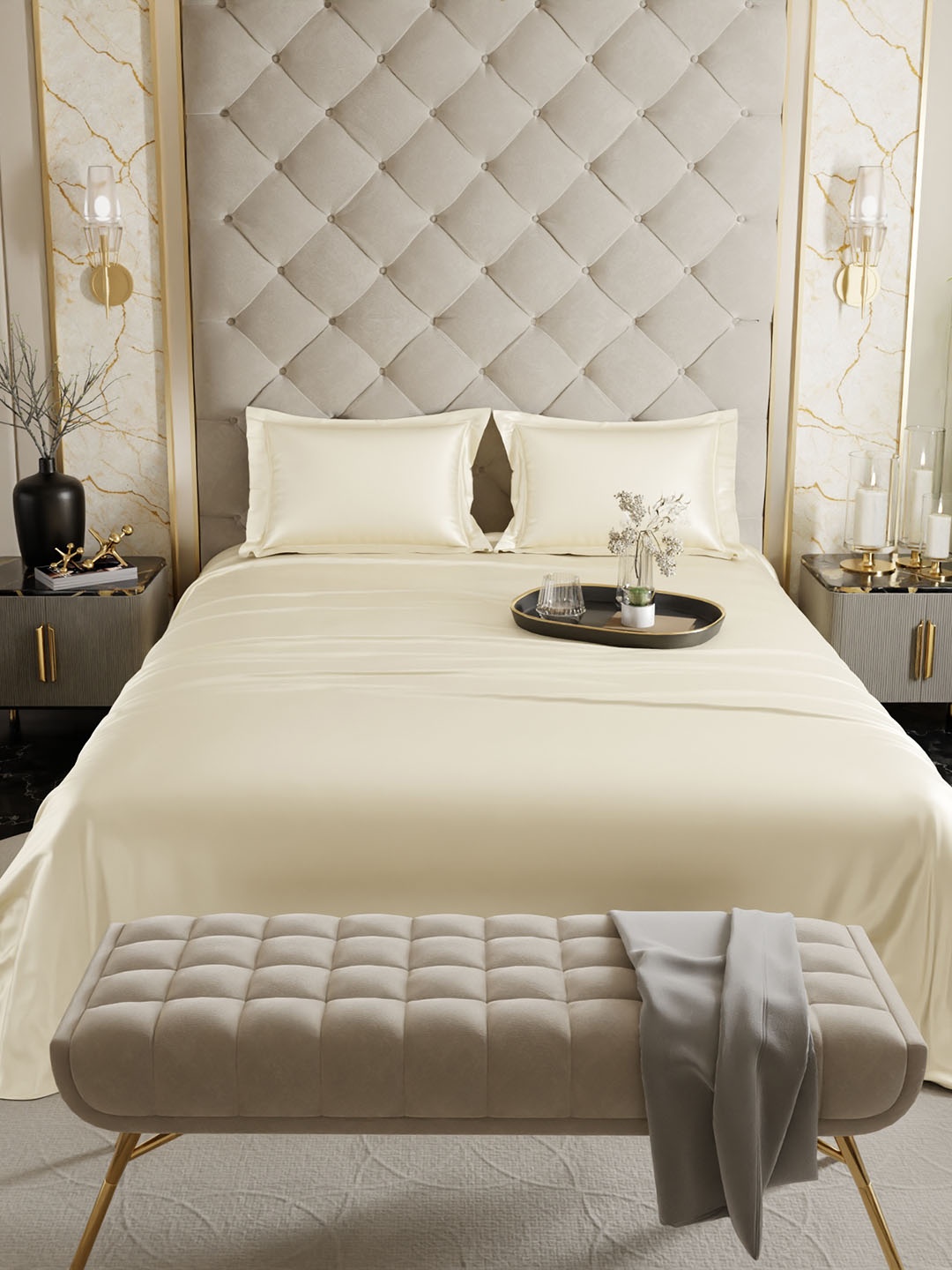 

Stoa Paris Ivory Date Night Collection King Bedsheet With 2 Pillow Covers, Cream