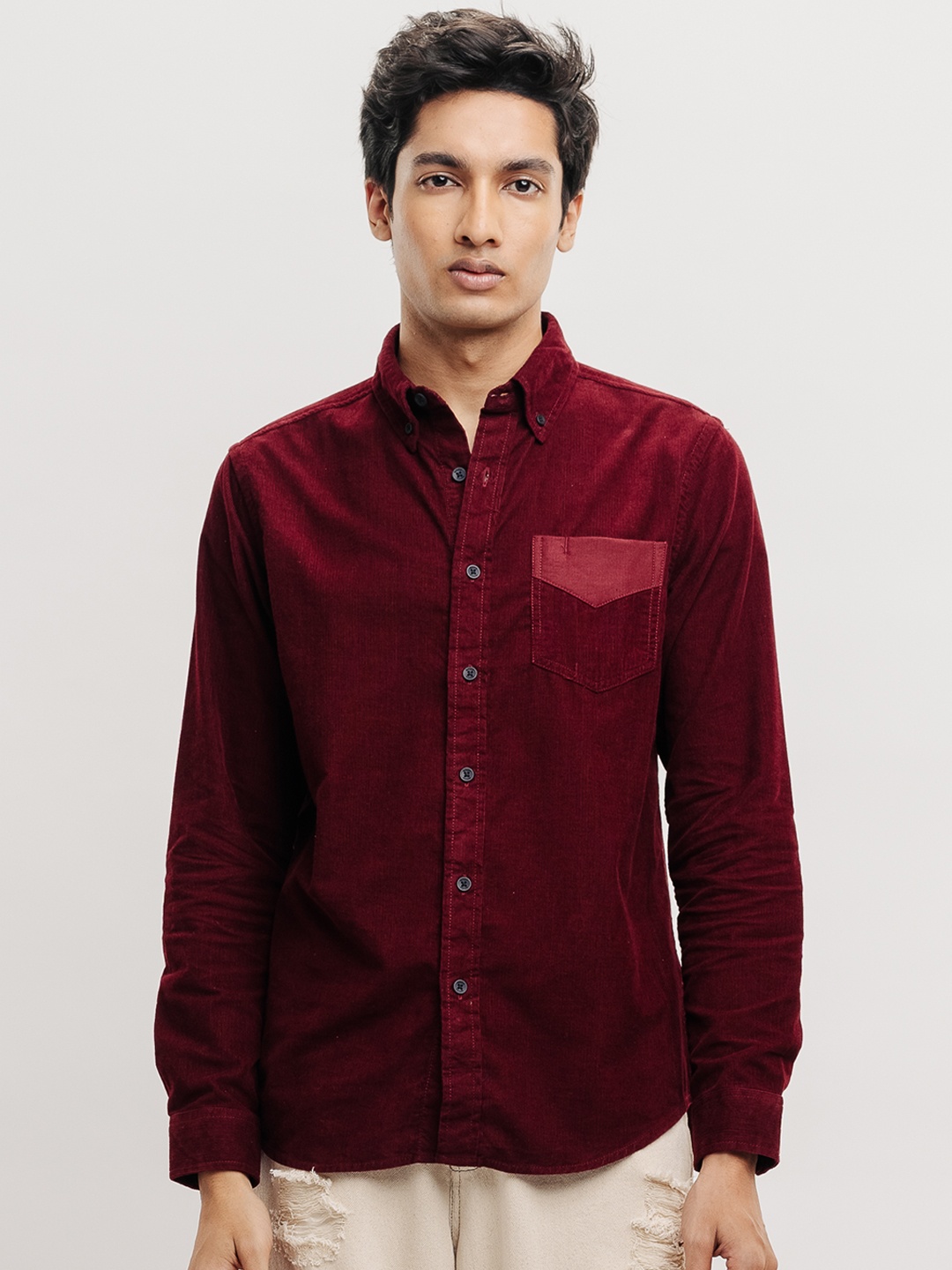 

FREAKINS Opaque Spread Collar Cotton Casual Shirt, Burgundy