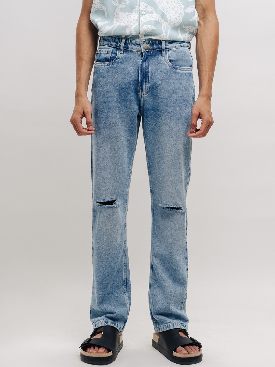 

FREAKINS Men Straight Fit High-Rise Slash Knee Heavy Fade Jeans, Blue
