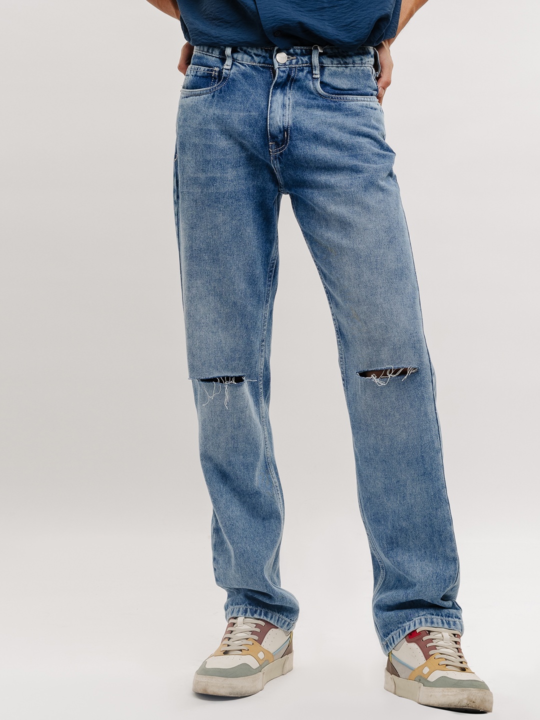 

FREAKINS Men Straight Fit High-Rise Slash Knee Heavy Fade Pure Cotton Jeans, Blue