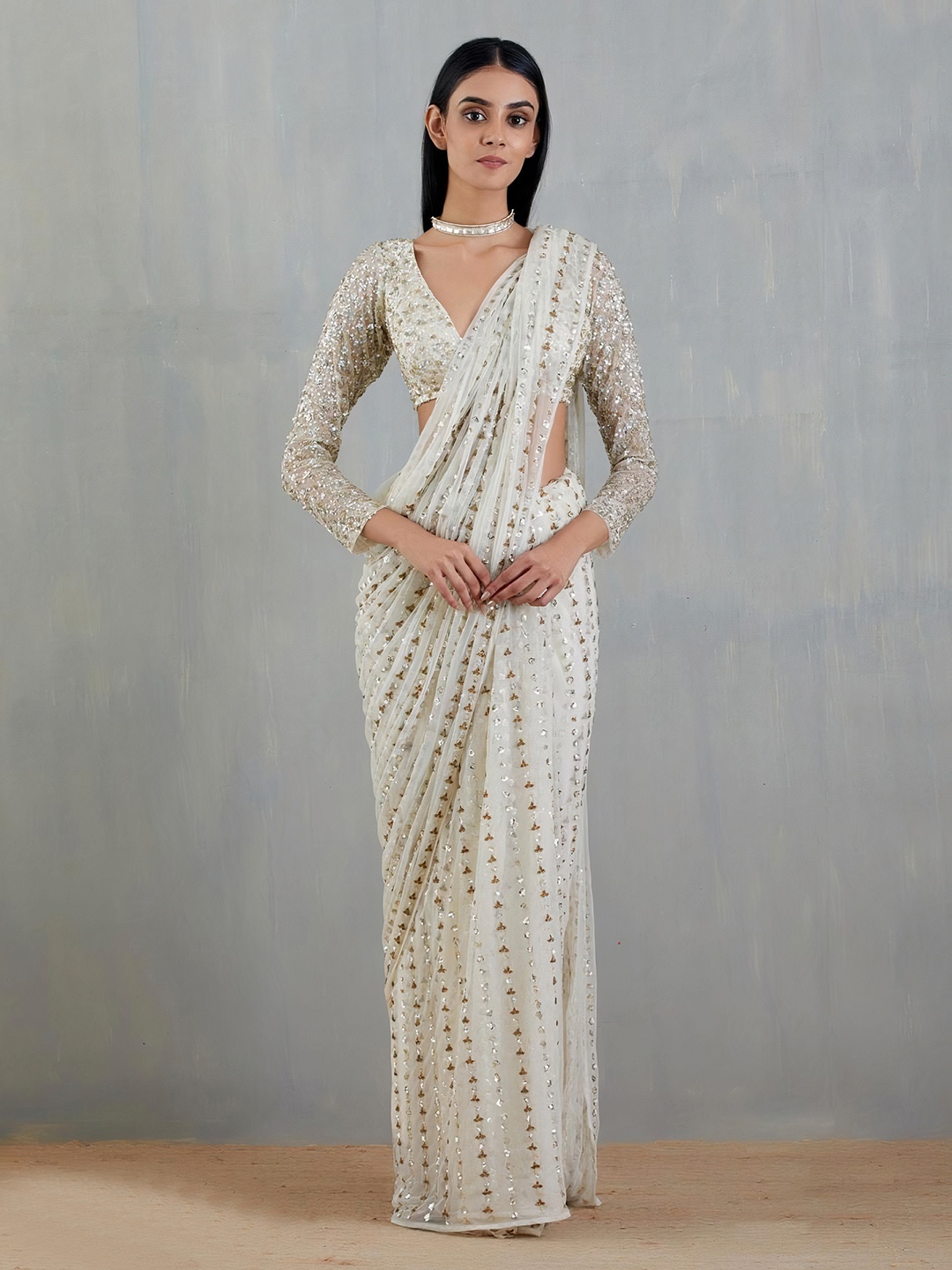 

Angroop Striped Embellished Sequinned Net Saree, White