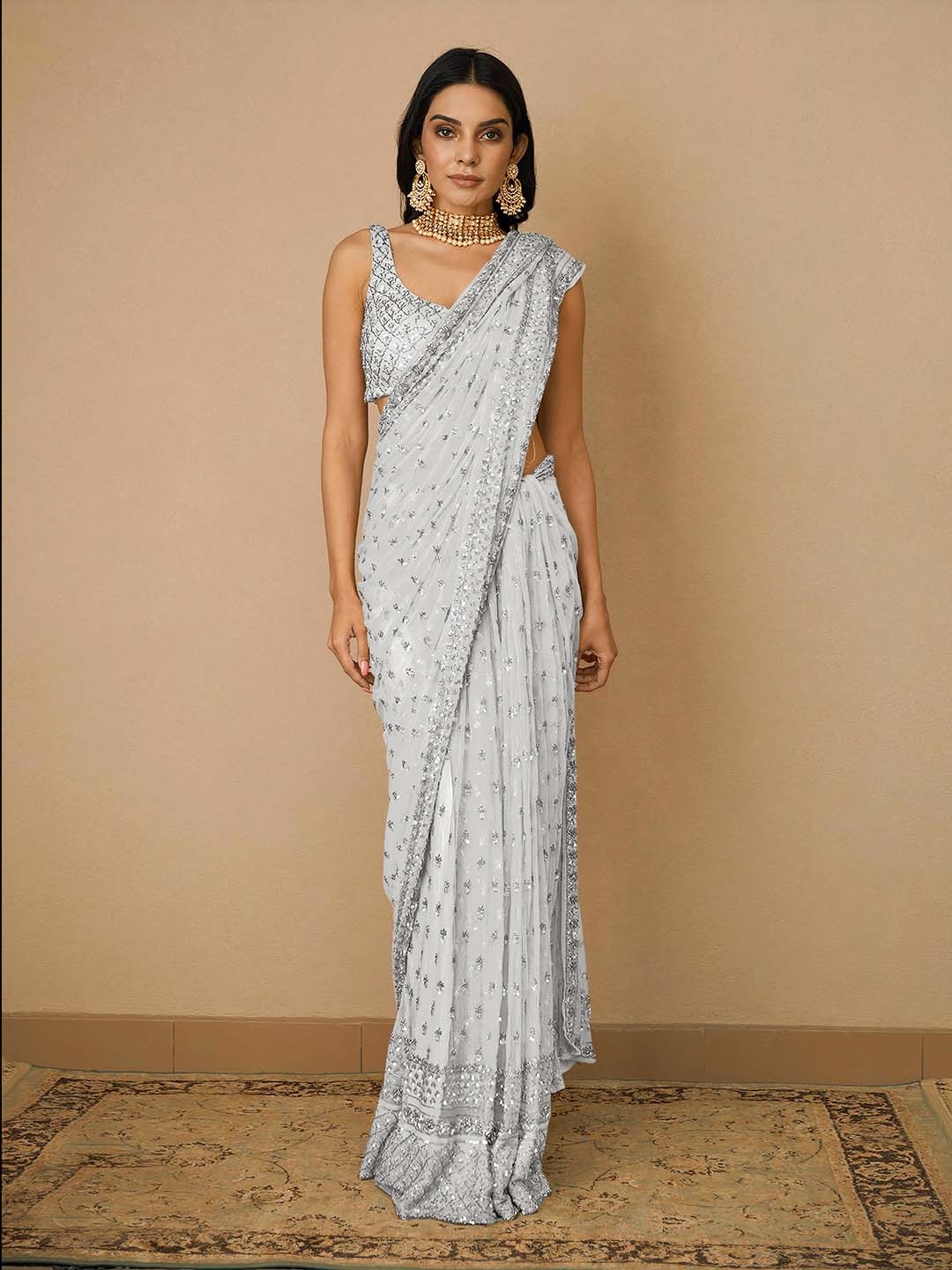 

Angroop Woven Design Embellished Sequinned Net Saree, Silver