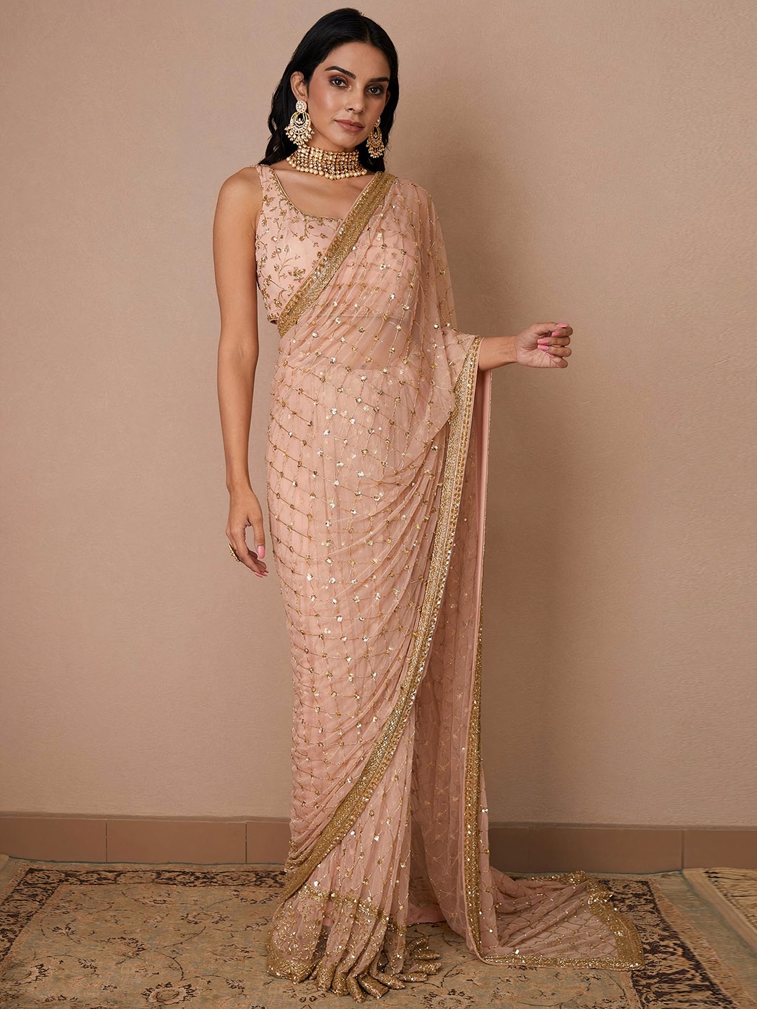 

Angroop Woven Design Embellished Sequinned Designer Net Saree, Pink