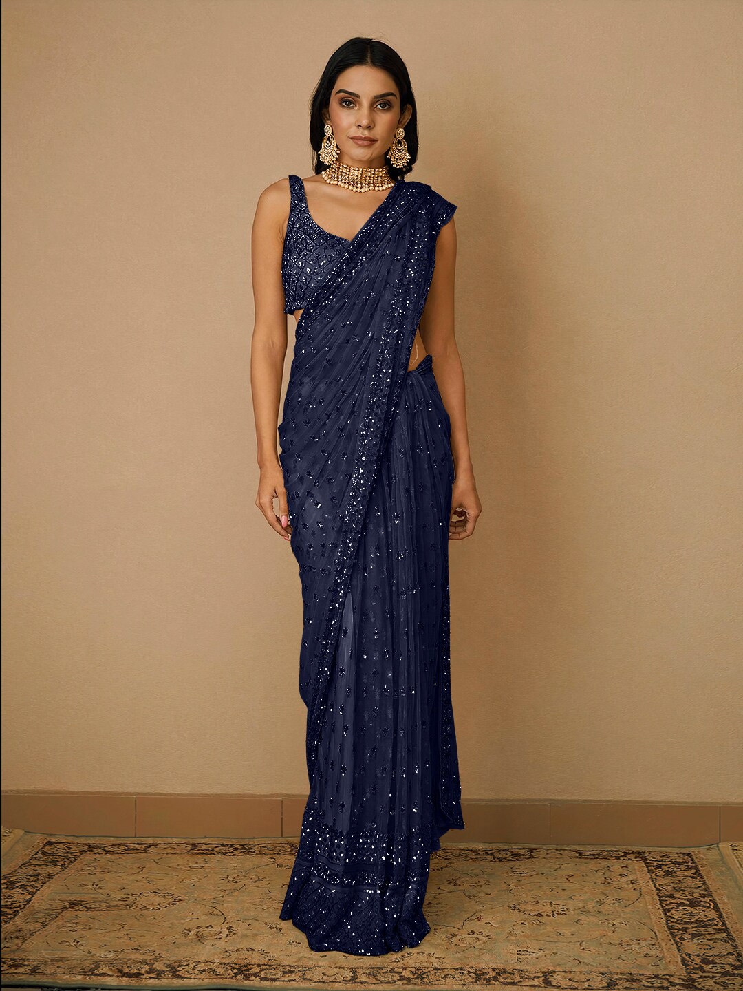 

Angroop Woven Design Embellished Sequinned Net Saree, Navy blue