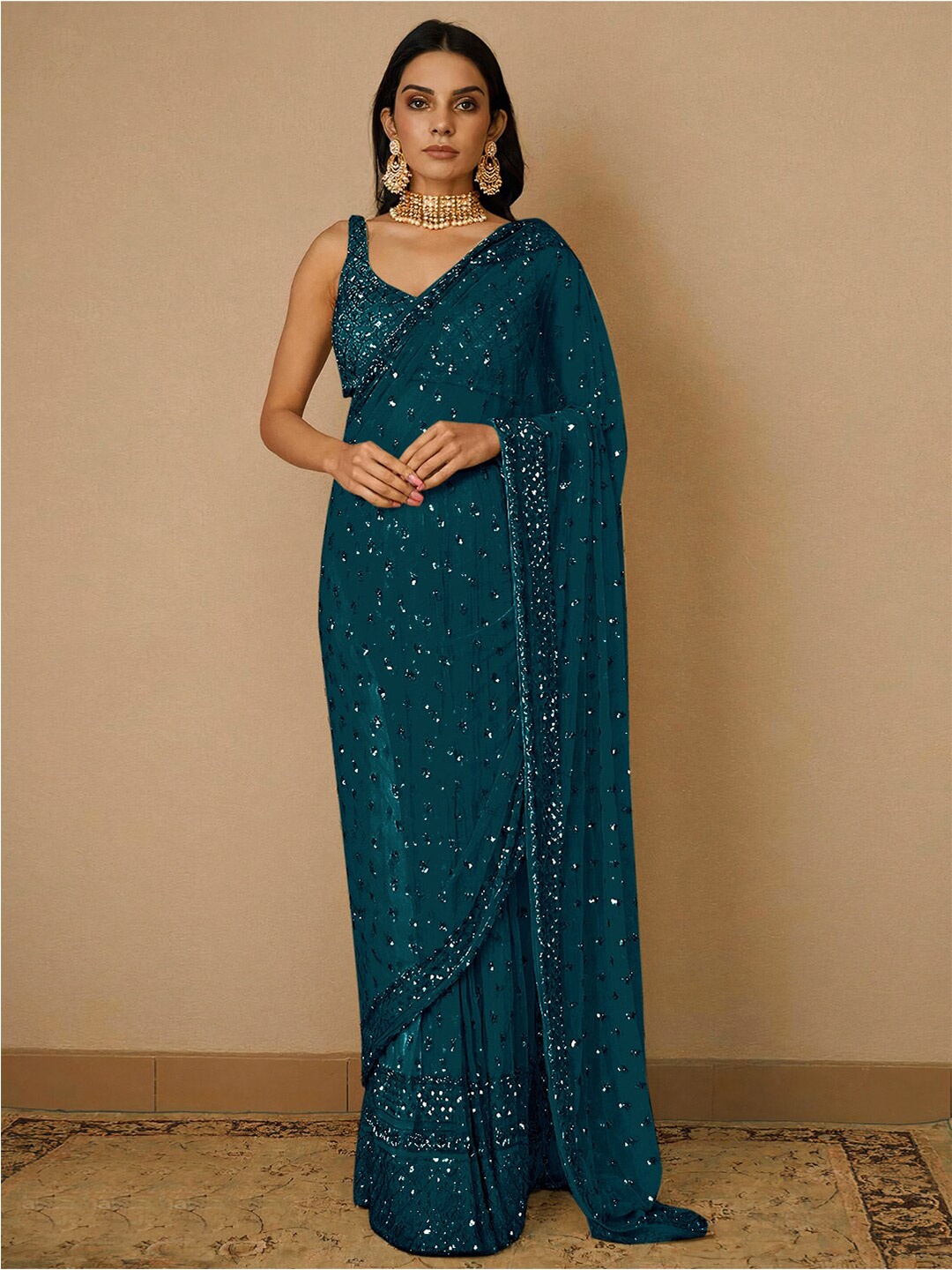 

Angroop Embellished Sequinned Net Saree, Teal