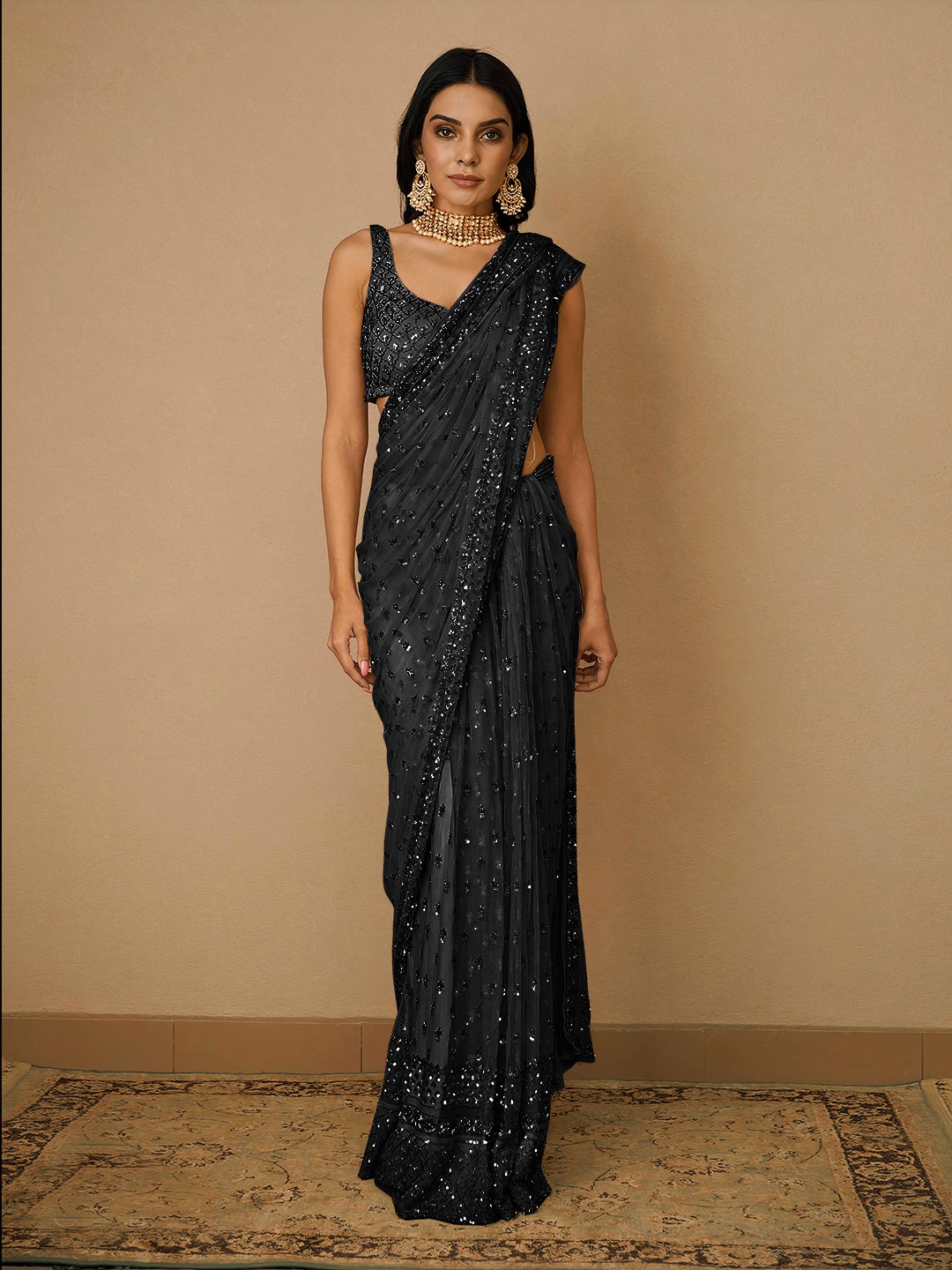 

Angroop Woven Design Embellished Sequinned Net Saree, Black