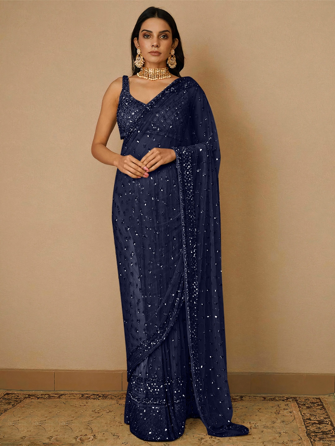 

Angroop Woven Design Embellished Sequinned Net Saree, Navy blue
