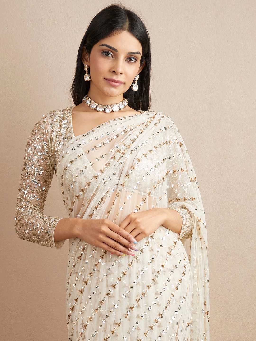 

Angroop Woven Design Striped Embllished Sequinned Net Saree, White