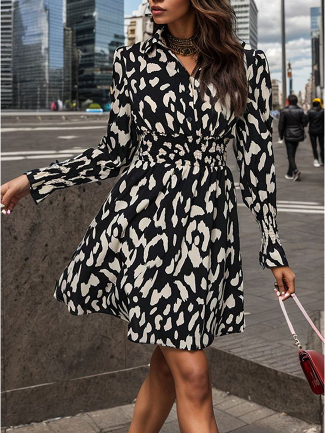 

StyleCast Black Abstract Printed Puff Sleeves Smocked Casual Shirt Dress