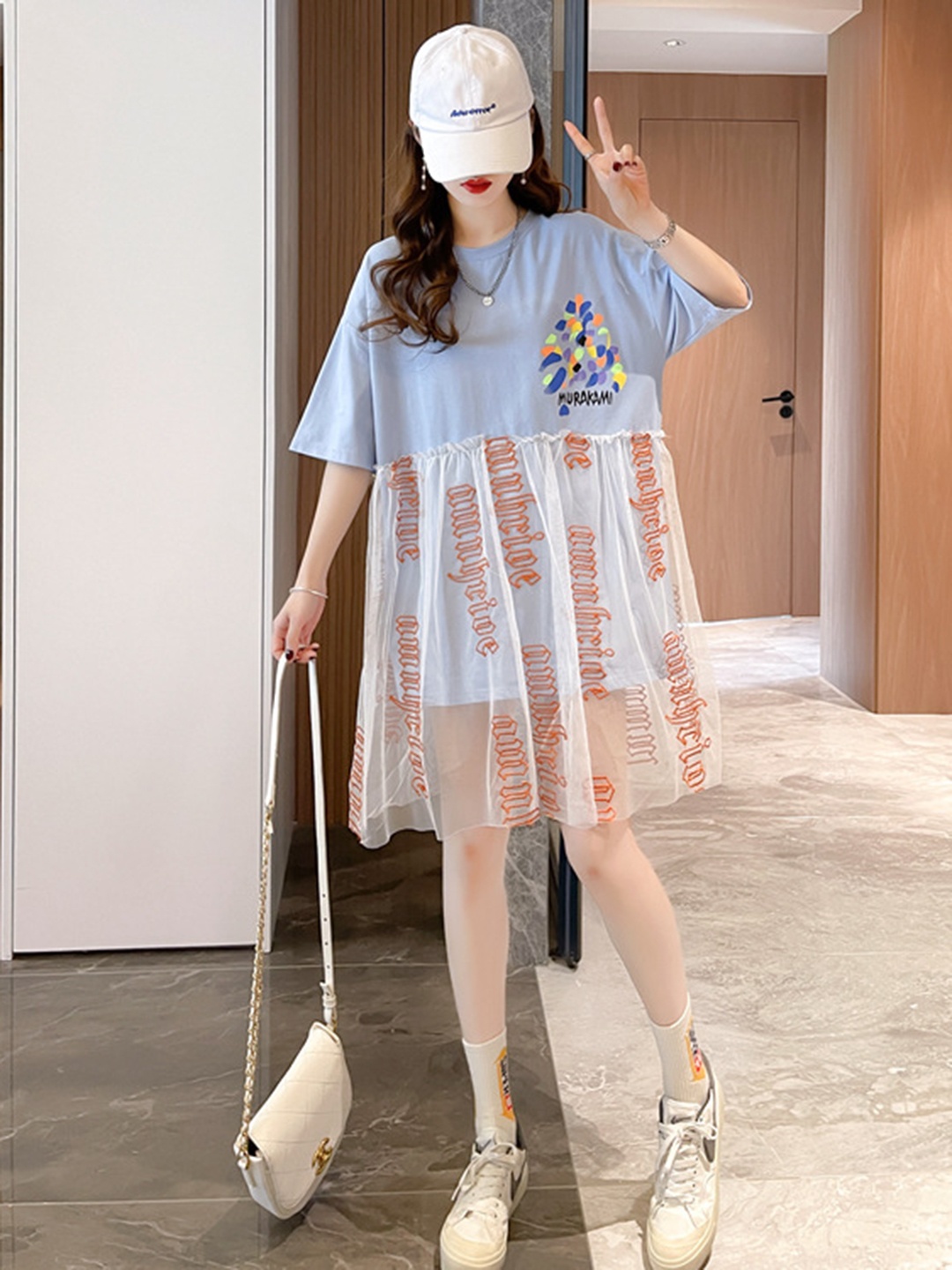 

StyleCast Round Neck Short Flared Sleeves Geometric Print Semi Sheer A-Line Maxi Dress, Blue