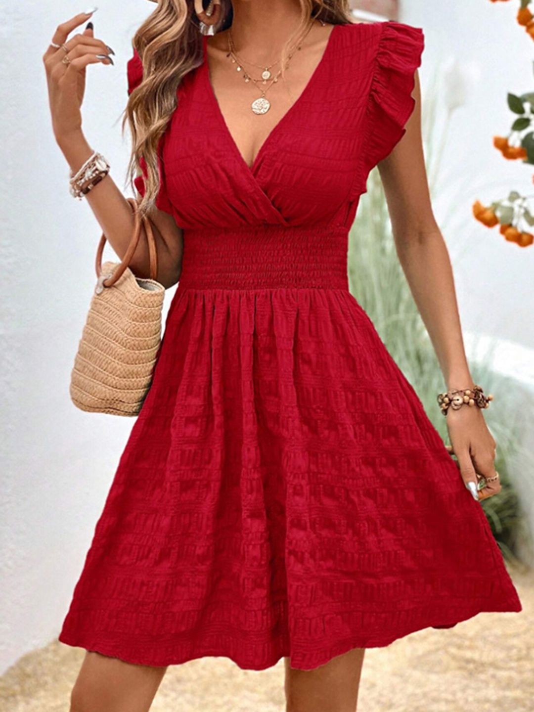 

StyleCast Red V-Neck Smocked Casual Fit & Flare Mini Dress