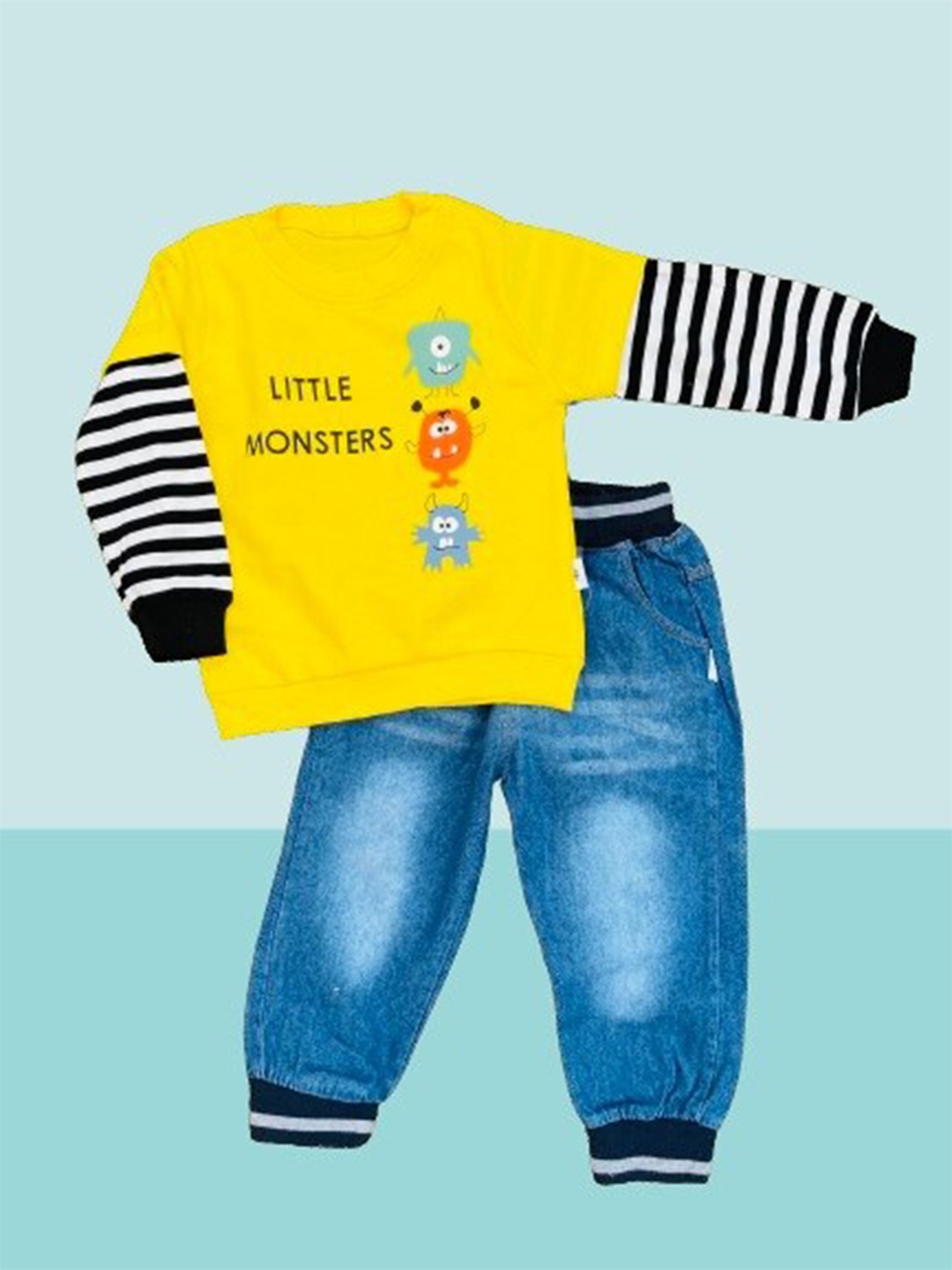 

BAESD Boys Typography Printed Pure Cotton Sweatshirt With Denim Jogger, Yellow