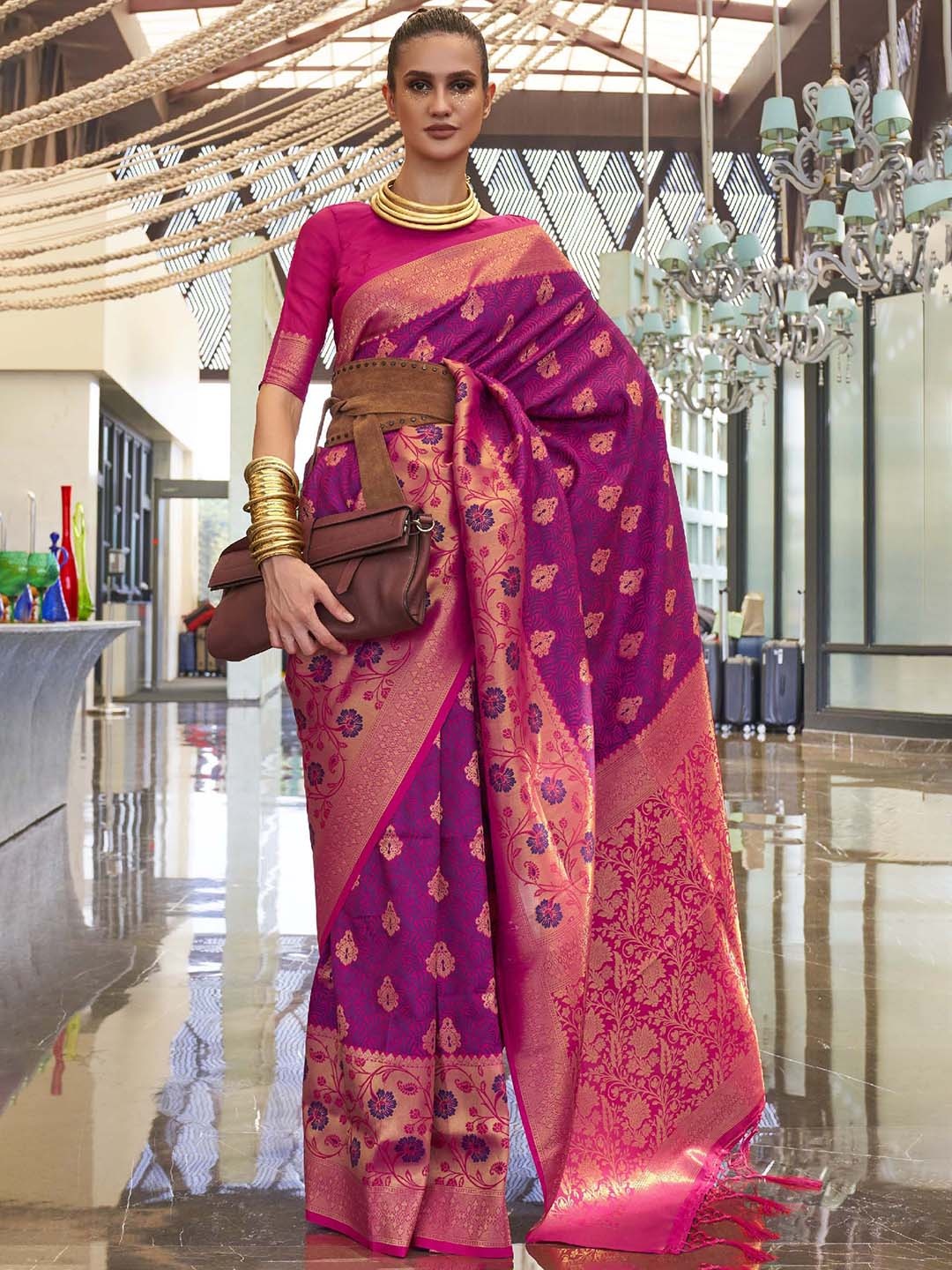 

Mitera Pink & Purple Ethnic Woven Design Zari Silk Saree