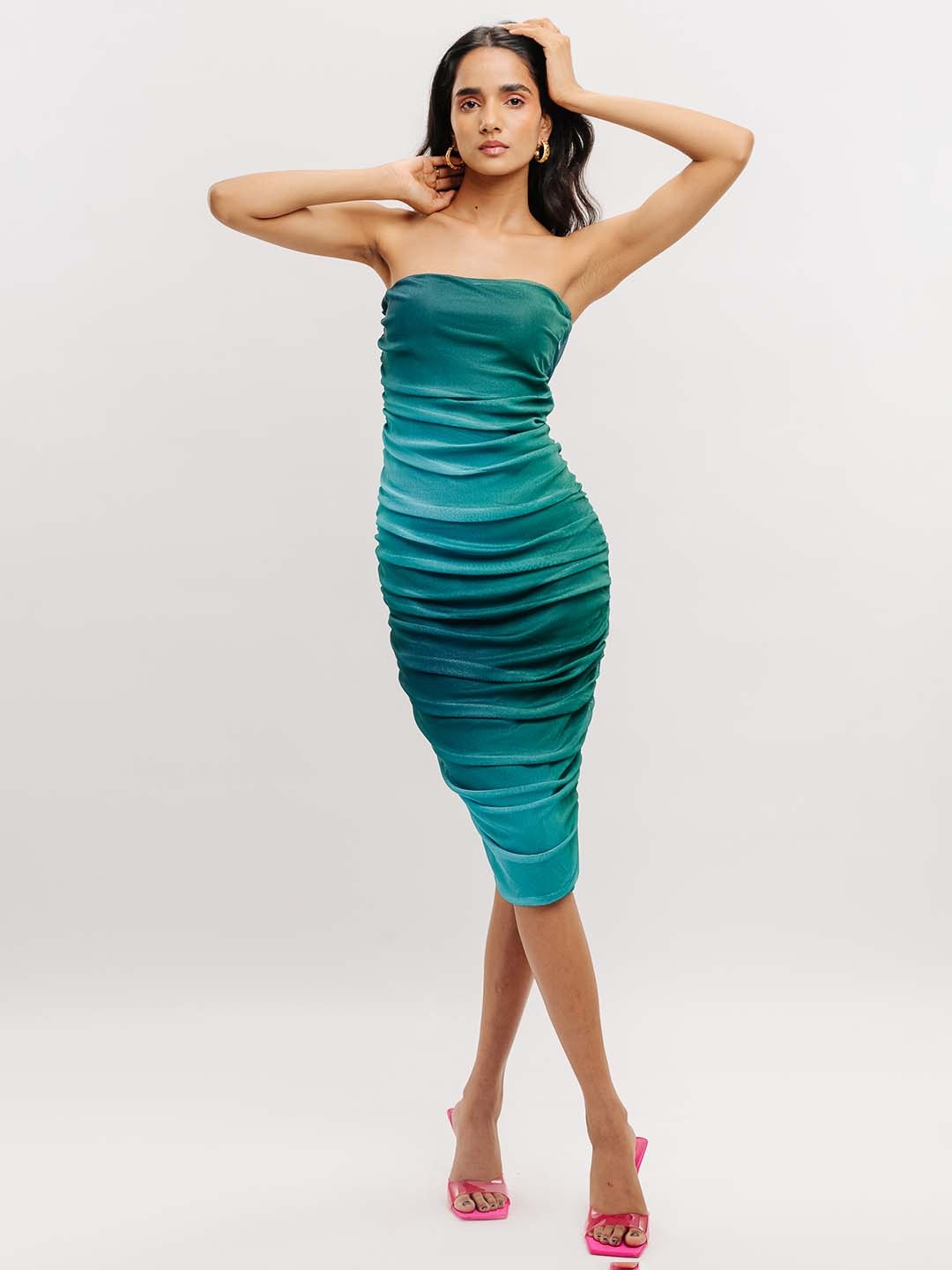 

FREAKINS Tie and Dye Strapless Knee Length Bodycon Dress, Blue