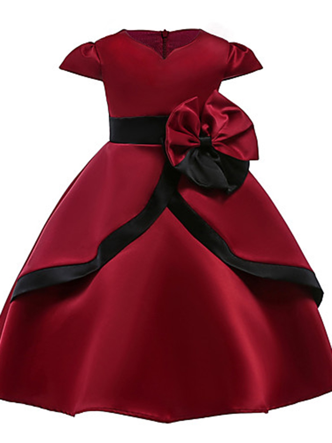 

BAESD Satin V Neck Short Puff Sleeves Fit & Flare Maxi Dress, Maroon