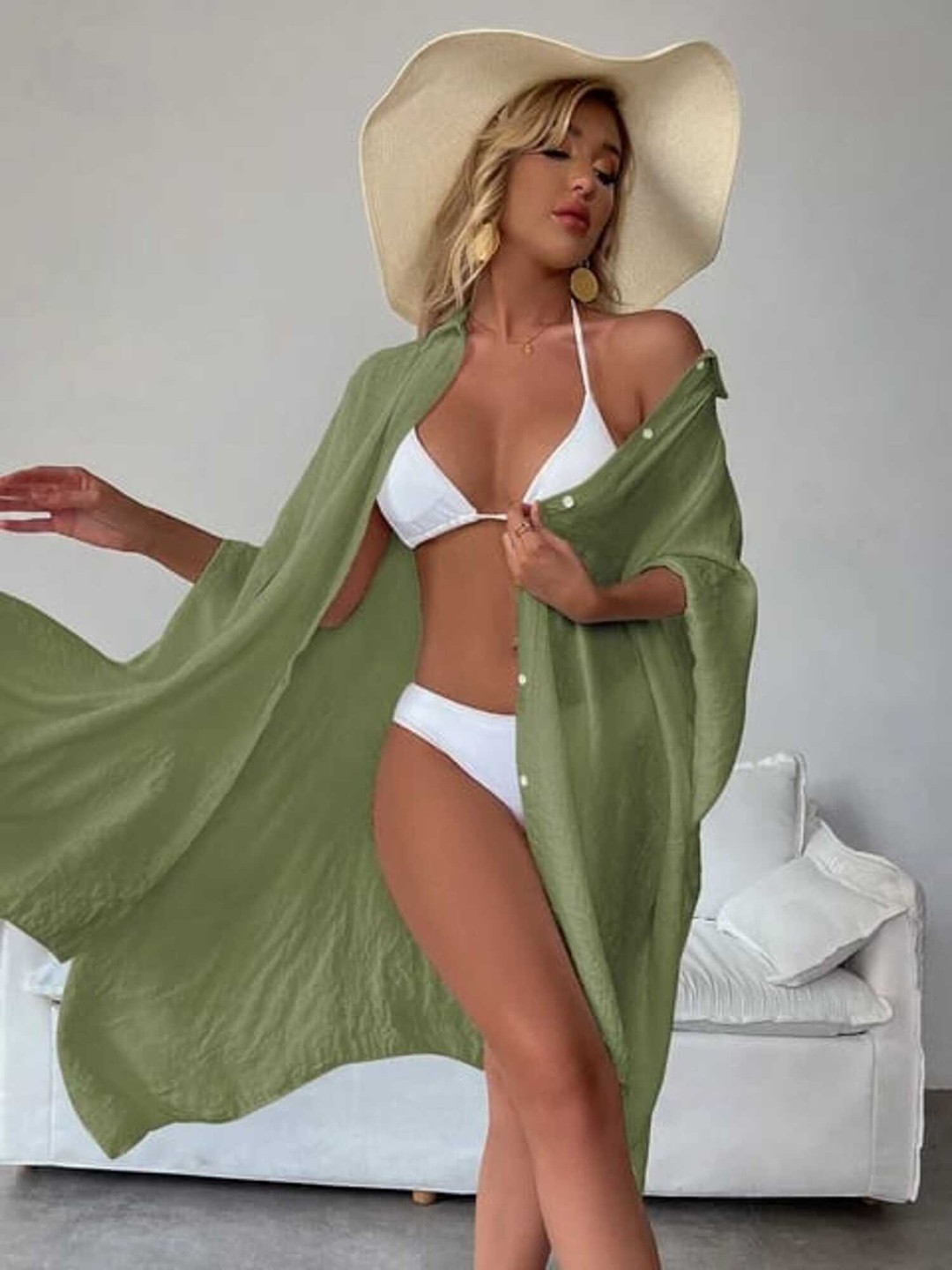 

Addery Shirt Collar Sheer Beach Cover Up Shirt, Green