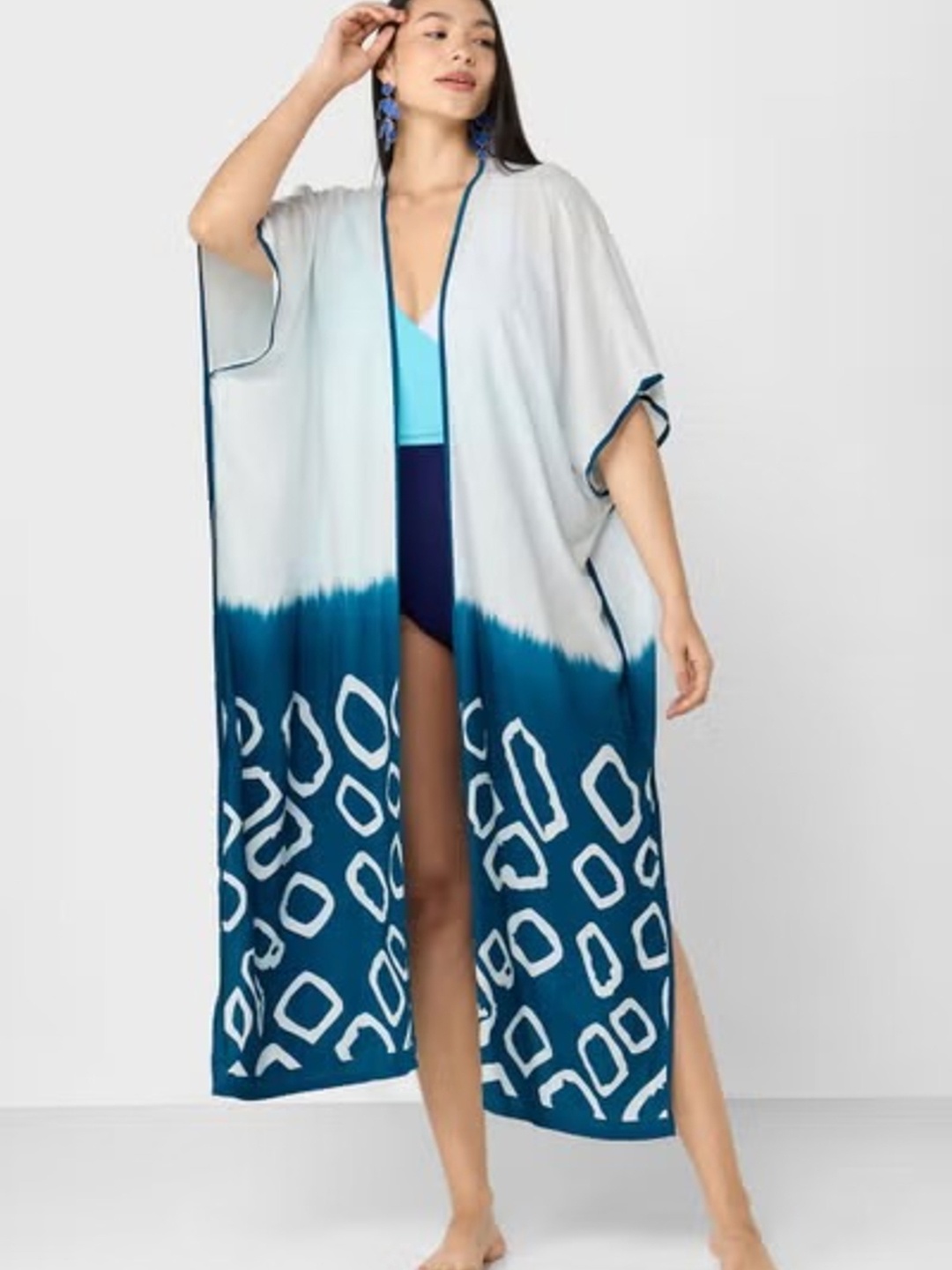 

Addery Tie & Dyed Front Open Long Cover up Top, Blue