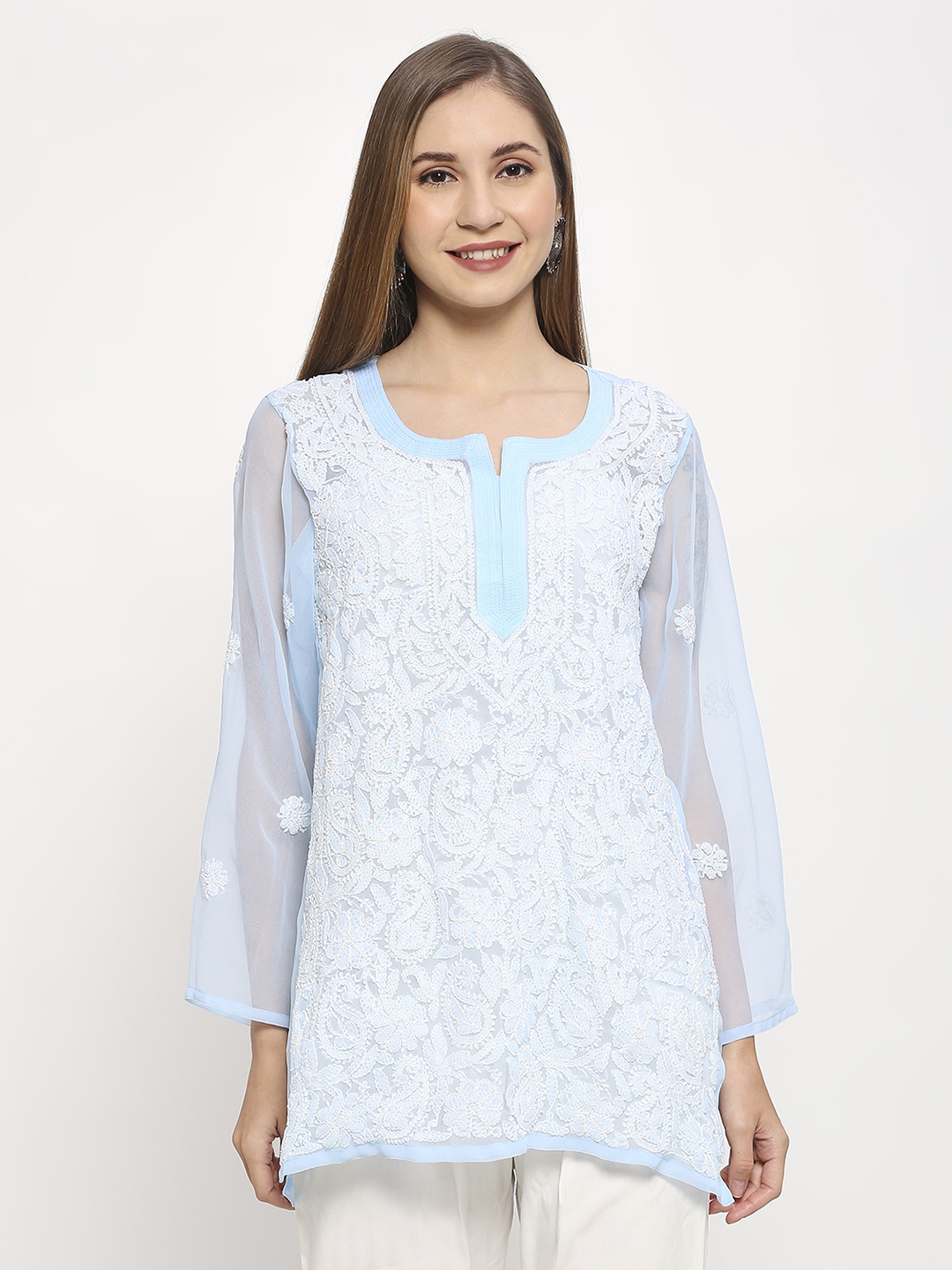

Indiankala4u Embroidered Chikankari Round Neck Long Sleeves Top, Blue