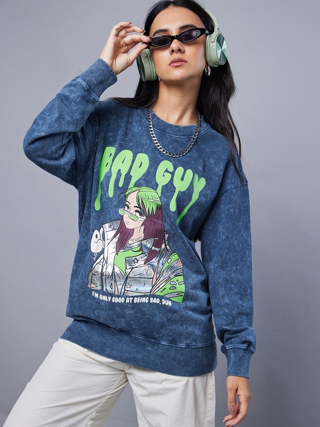 

Bewakoof Blue Badguy Graphic Printed Oversized Fleece Pullover Sweatshirt