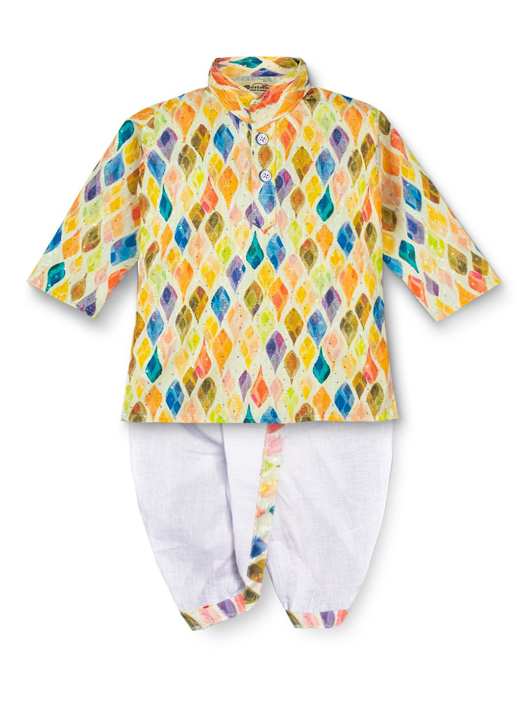 

BAESD Boys Geometric Printed Sequinned Chanderi Cotton Kurta With Dhoti Pants, Yellow