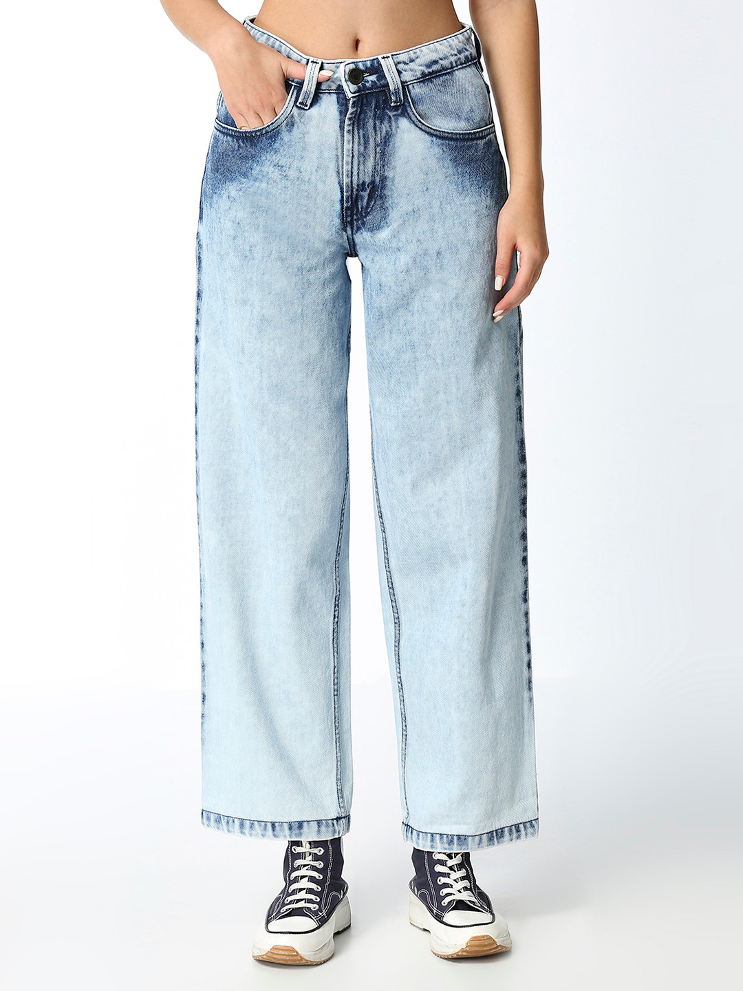 

BFIVE Women Urban Relaxed Straight Fit Heavy Fade Pure Cotton Jeans, Blue