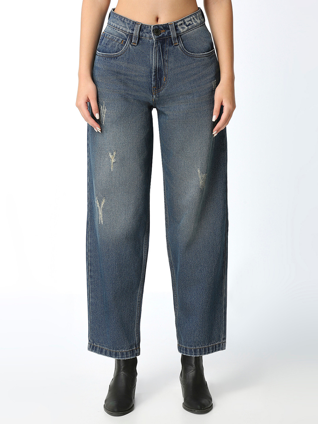 

BFIVE Women Urban Straight Fit Mildly Distressed Light Fade Cropped Pure Cotton Jeans, Blue