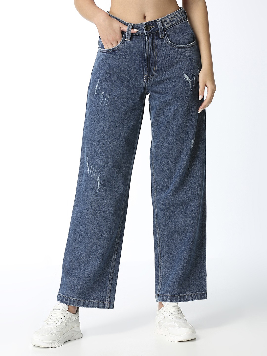 

BFIVE Women Urban Straight Fit Mildly Distressed Light Fade Pure Cotton Jeans, Blue
