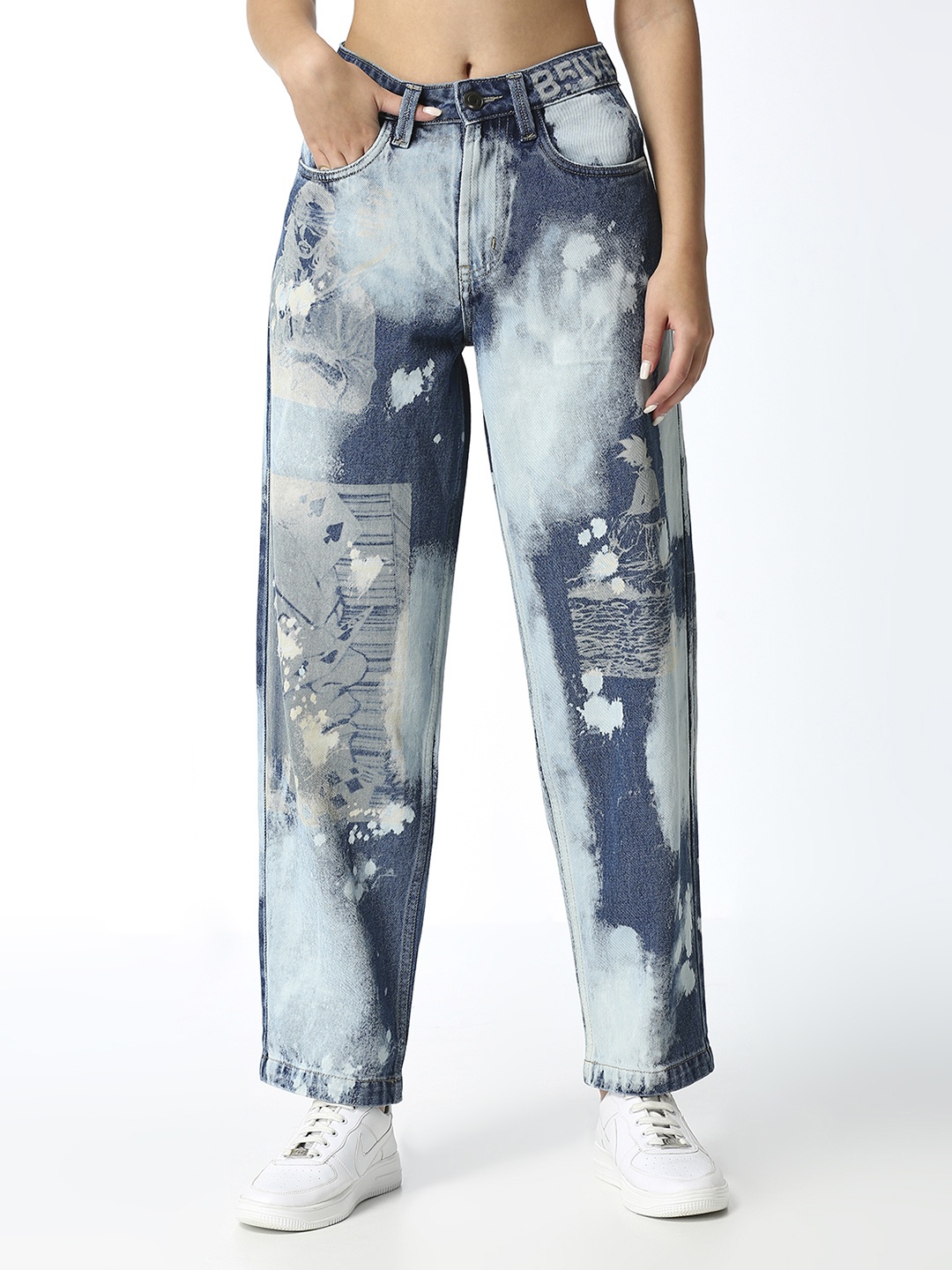 

BFIVE Women Urban Straight Fit Printed Heavy Fade Pure Cotton Jeans, Blue