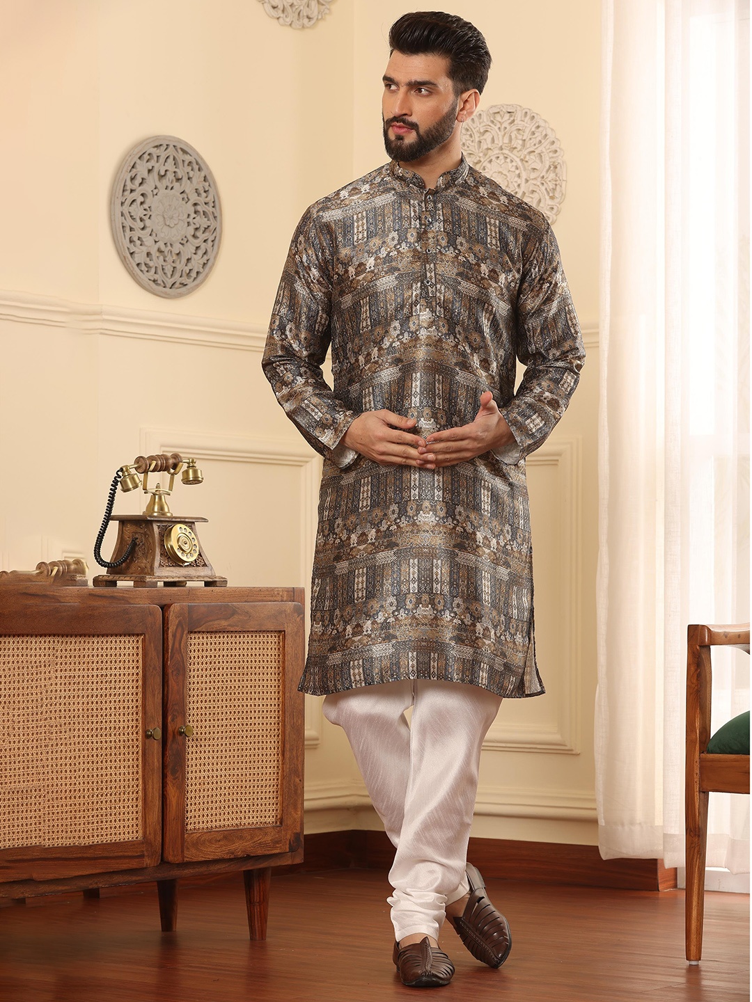 

Armaan Ethnic Ethnic Motifs Printed Mandarin Collar Regular Pure Silk Kurta with Churidar, Brown