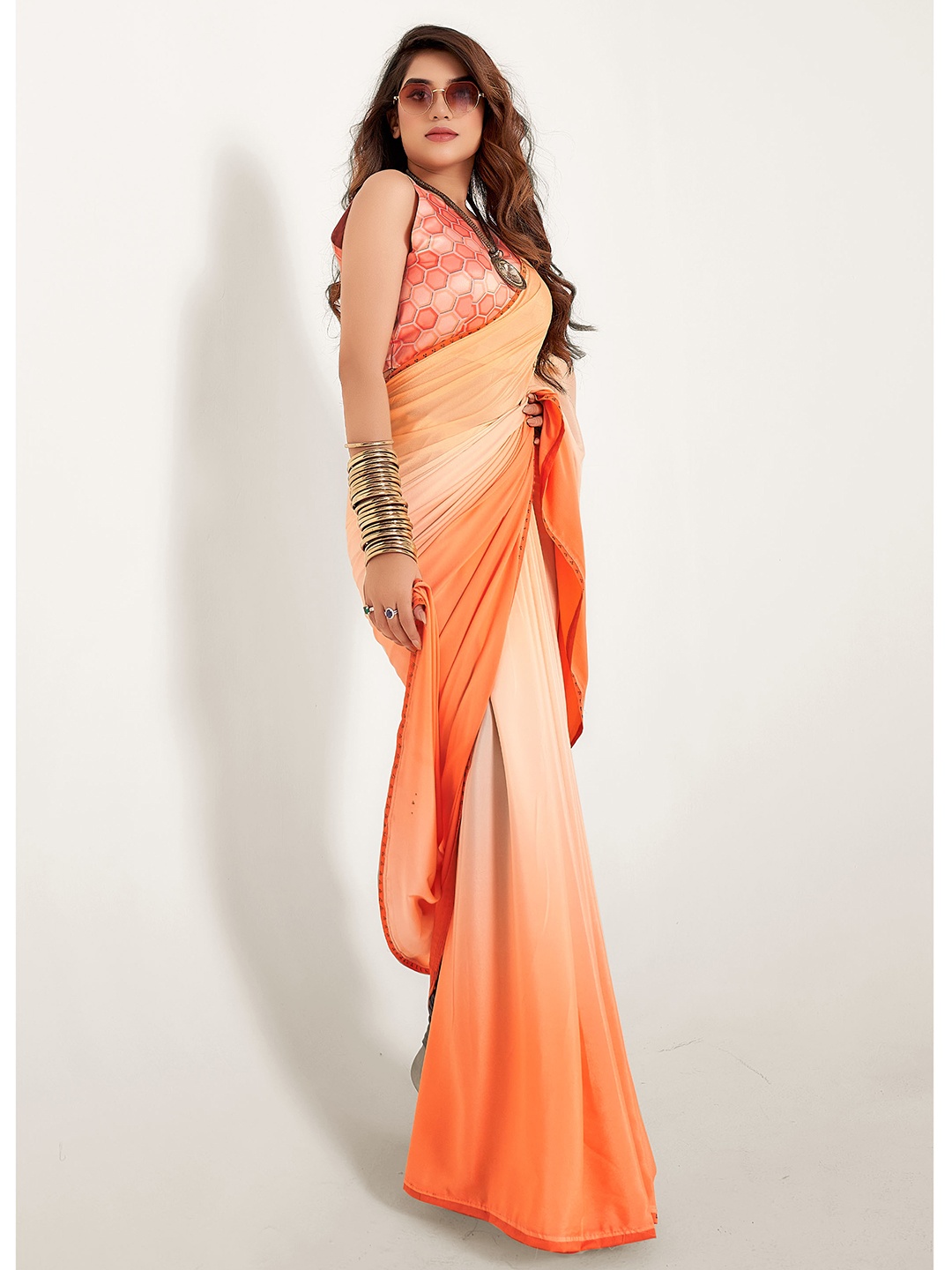 

SANSKAR Beads and Stones Pure Crepe Saree, Orange