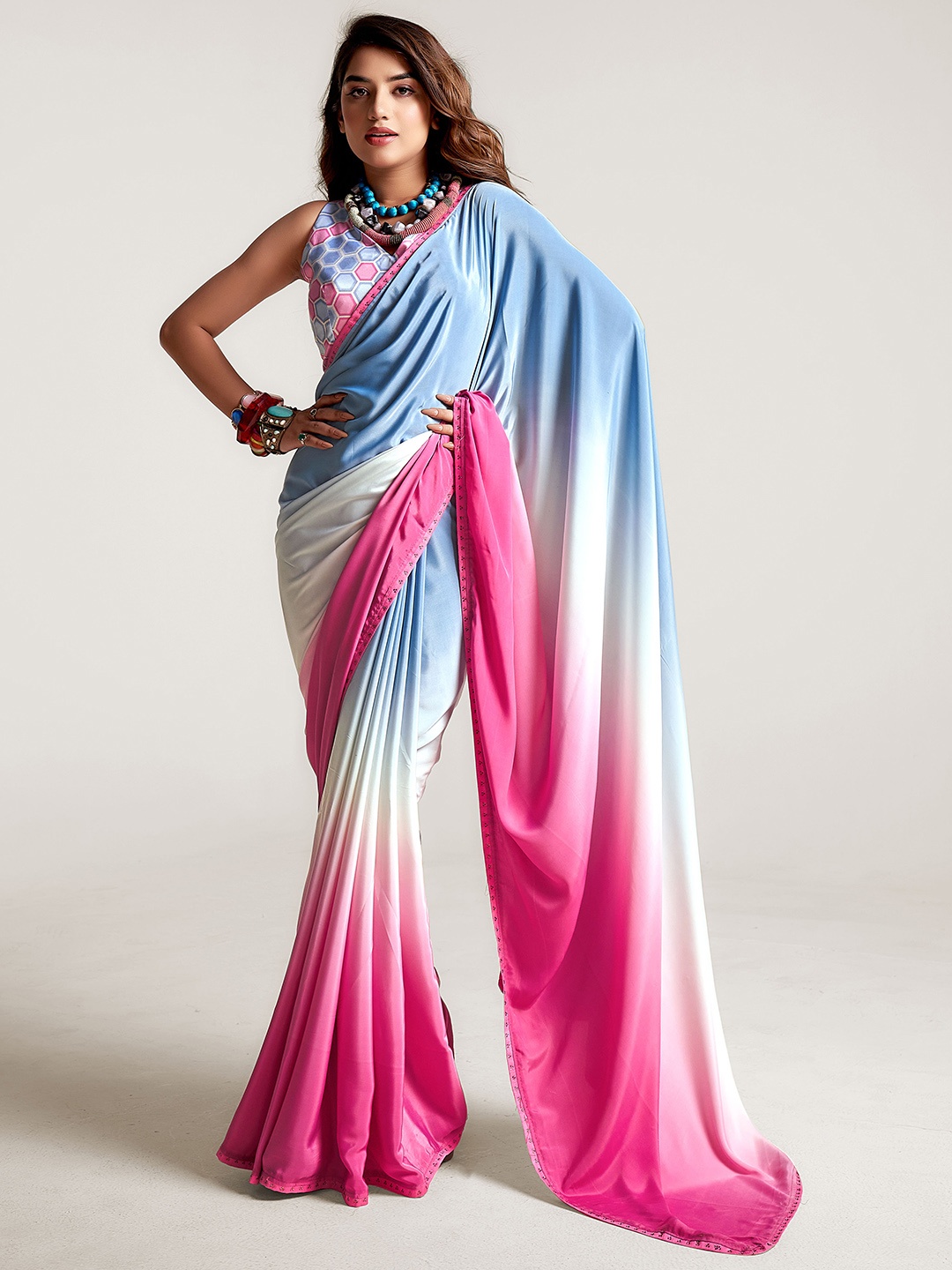 

SANSKAR Ombre Dyed Embroidered Pure Crepe Saree, Pink