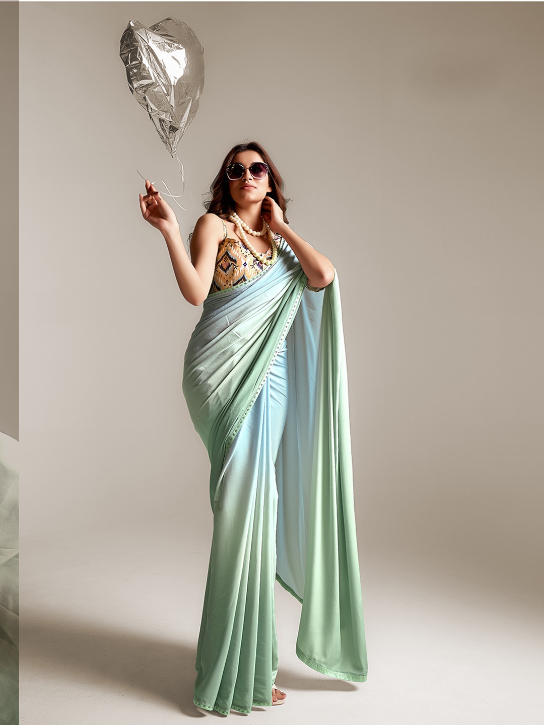 

SANSKAR Ombre Dyed Embroidered Pure Crepe Saree, Green