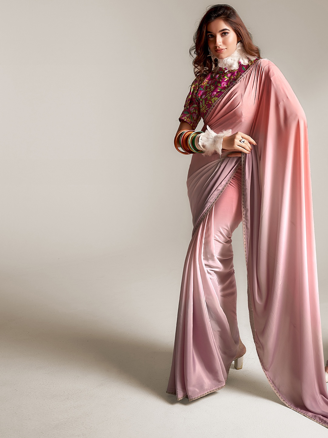 

SANSKAR Ombre Embroidered Pure Crepe Saree, Peach