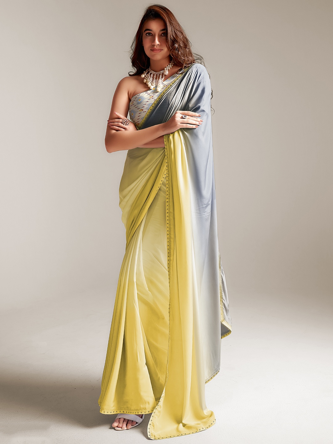 

SANSKAR Ombre Embroidered Pure Crepe Saree, Yellow