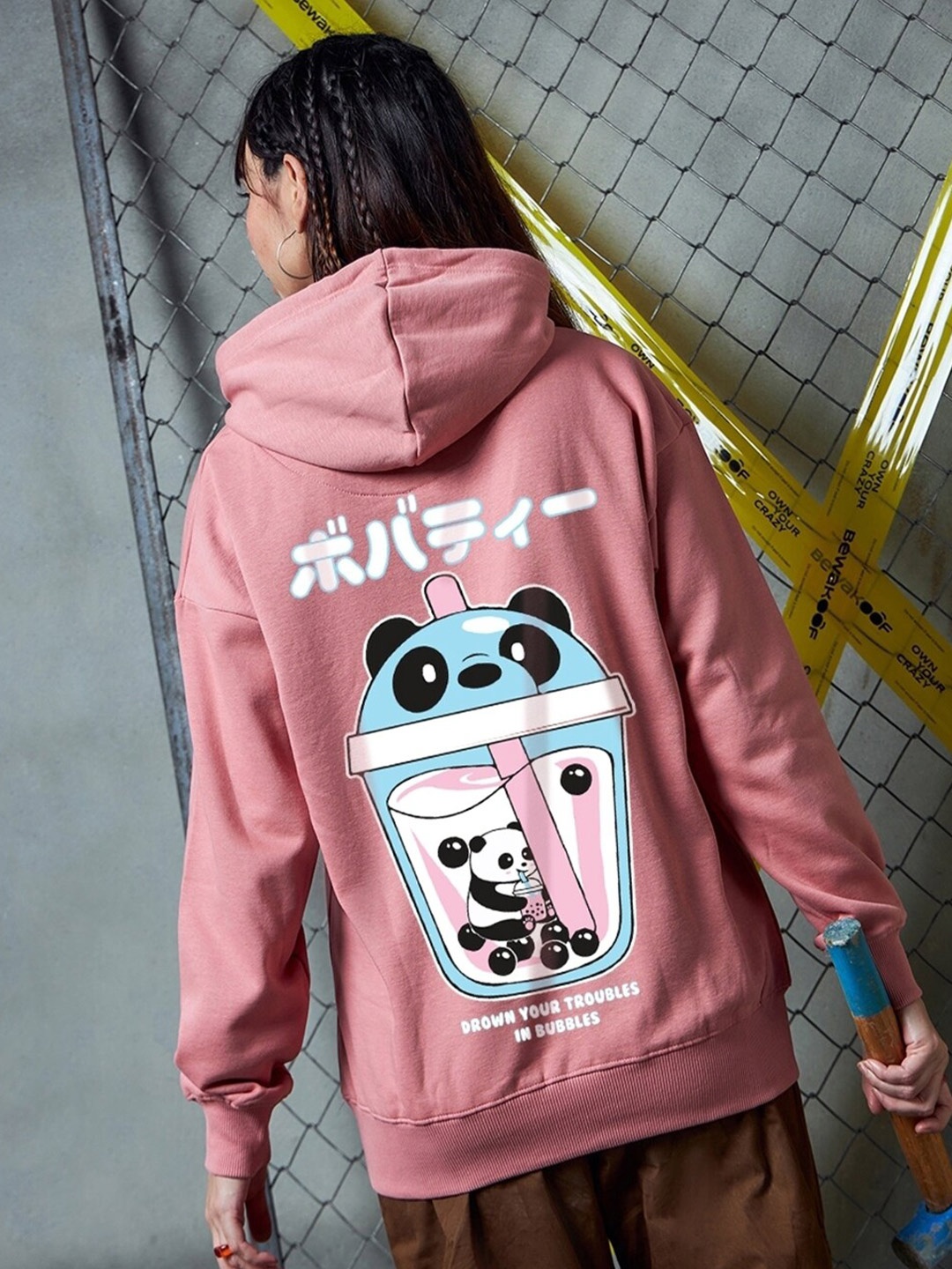 

Bewakoof Heavy Duty 1.0 Women Panda Graphic Printed Oversized Hoodies, Pink