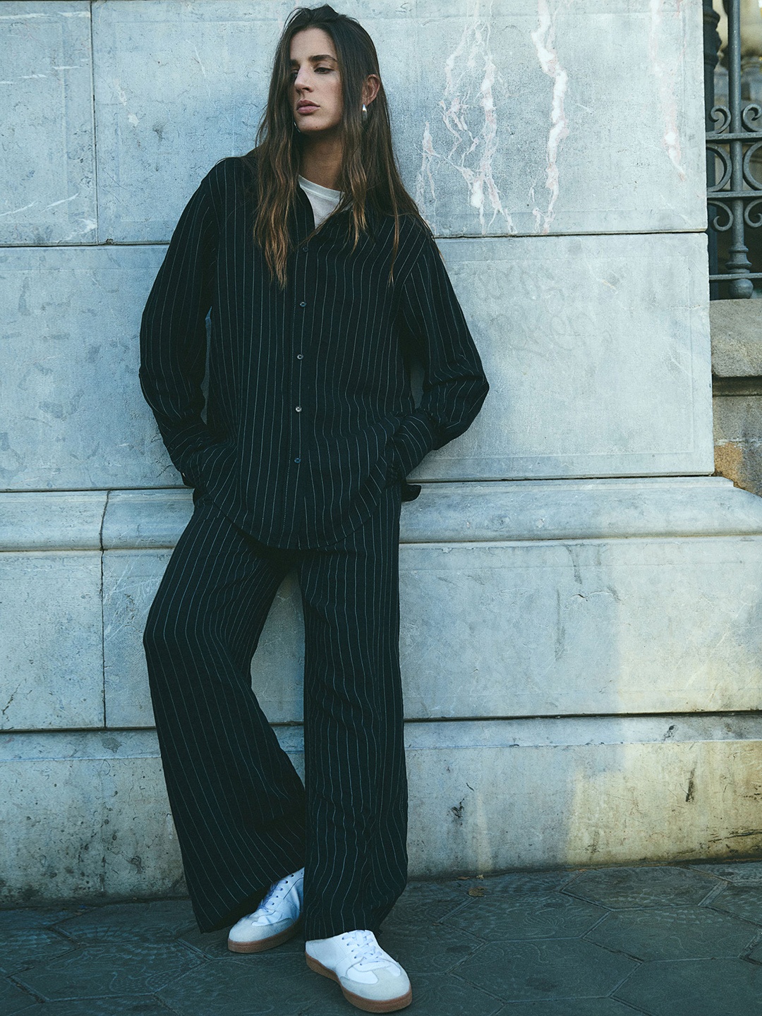 

H&M Relaxed-Fit Pinstriped Trousers, Black