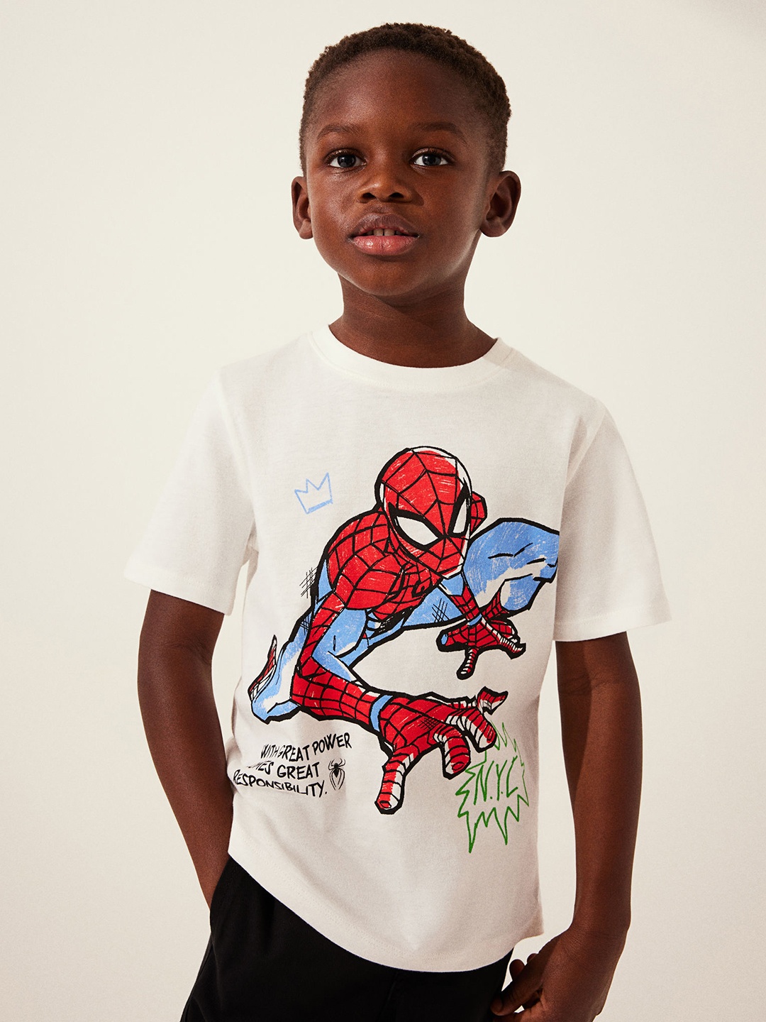 

H&M Boys Pure Cotton 3-Pack Spider-Man Printed T-shirts, White