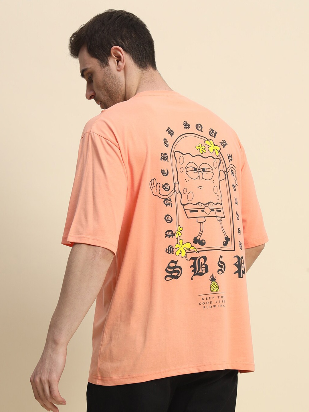 

COLOR CAPITAL Printed Round Neck Drop-Shoulder Sleeves Cotton T-shirt, Peach