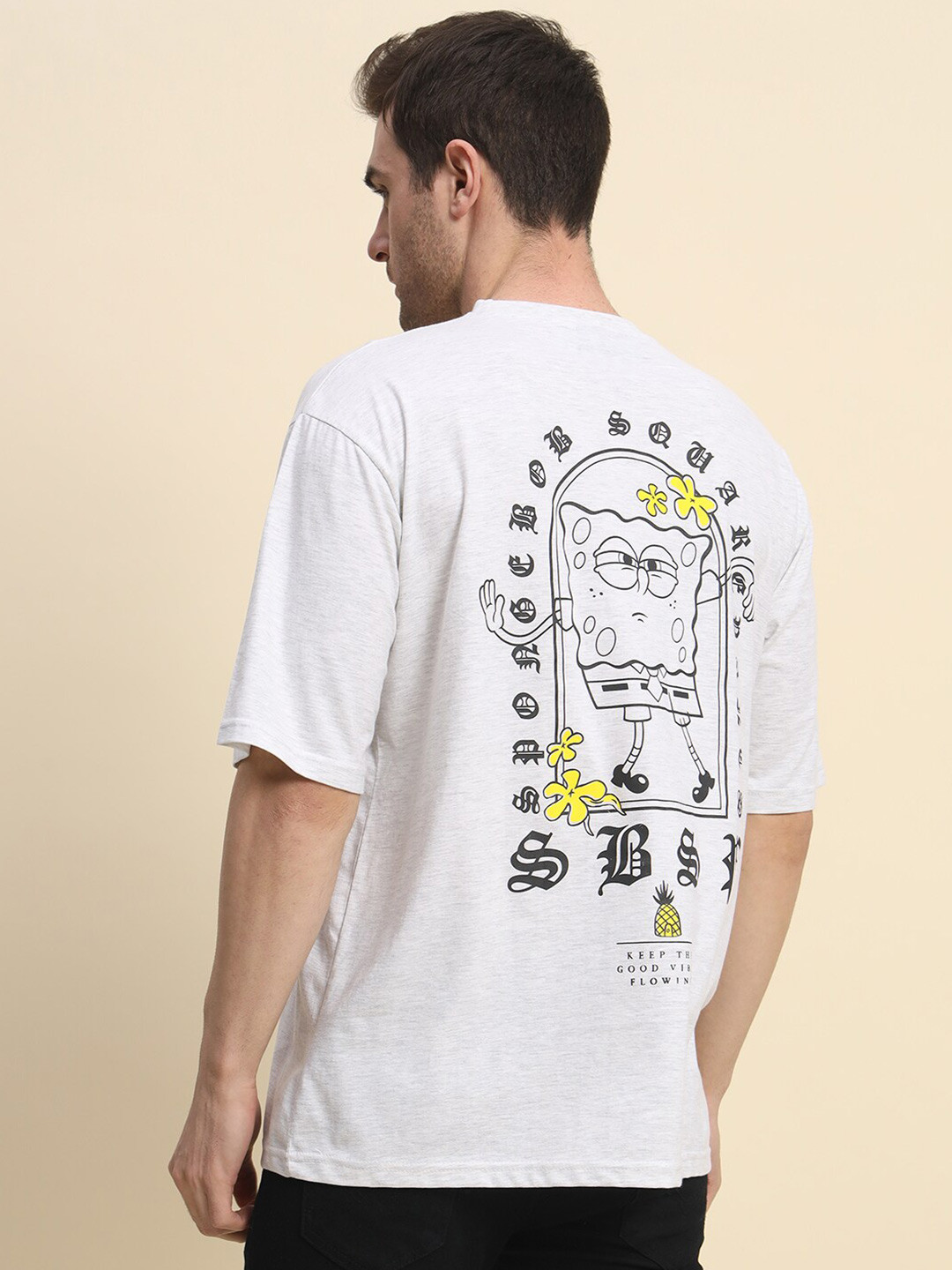 

COLOR CAPITAL Printed Round Neck Drop-Shoulder Sleeves Cotton T-shirt, Grey melange