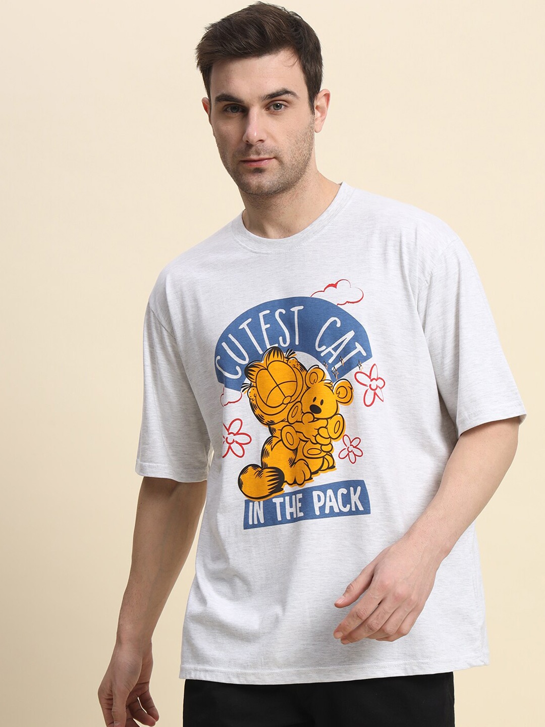 

COLOR CAPITAL Garfield Printed Round Neck Applique Oversized Cotton T-shirt, Grey melange